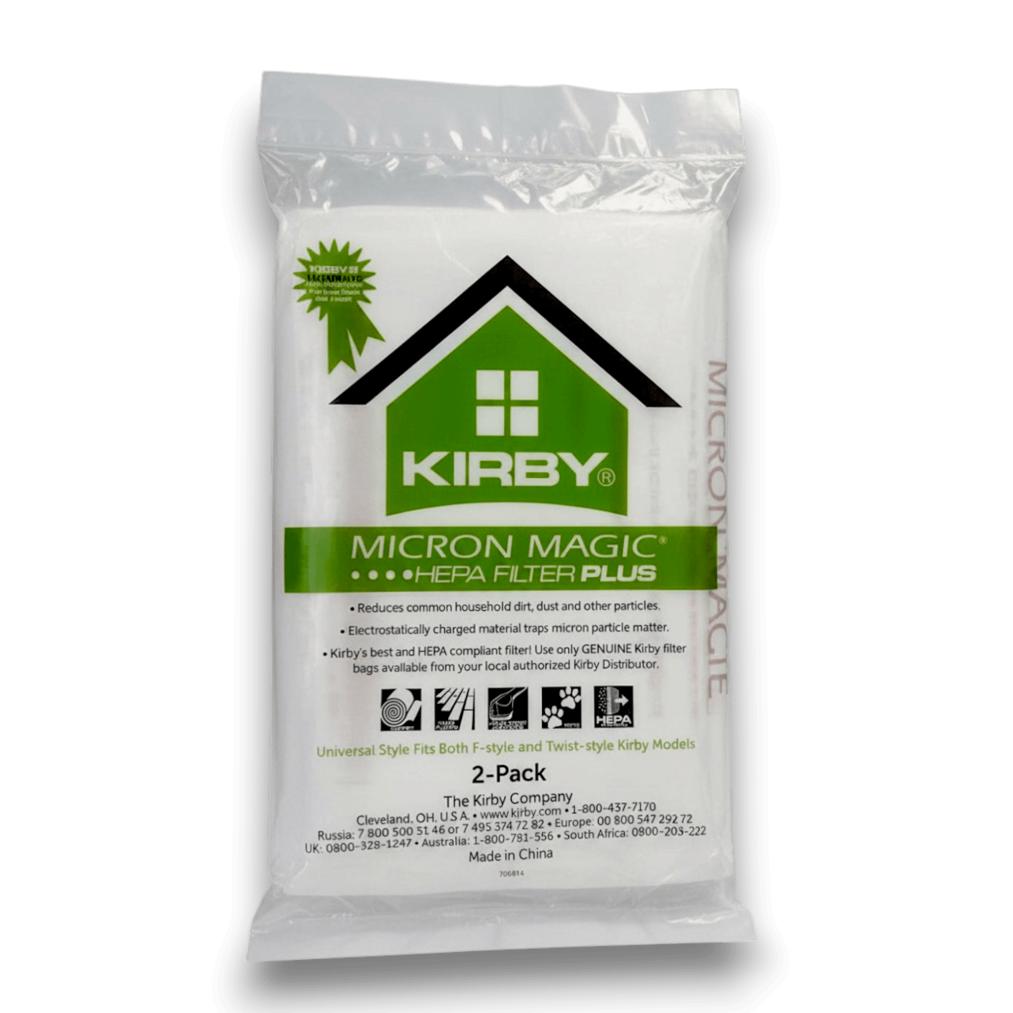 Kirby 205814A Vacuum Bags for Universal F Series Vacuums - Genuine 2 Pack - Micron Magic HEPA Filter packaging.