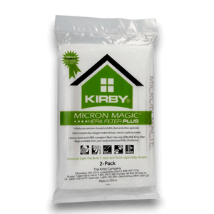 Kirby 205814A Vacuum Bags for Universal F Series Vacuums - Genuine 2 Pack - Micron Magic HEPA Filter packaging.
