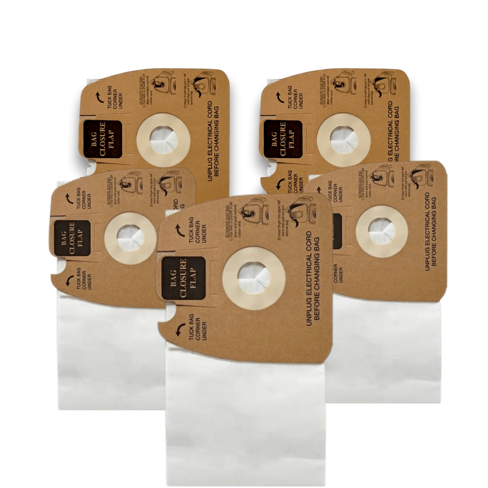 Sanitaire 65297 Vacuum Bags for Mighty Mite 3670-3690 Series - Genuine 5 Pack on a black background.