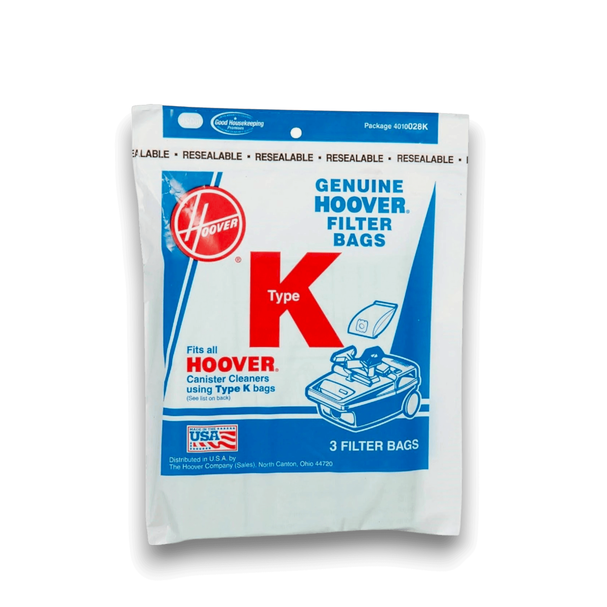 Hoover 4010028K Vacuum Bags for Spirit Canister Vacuums - Genuine 3 Pack packaging view.