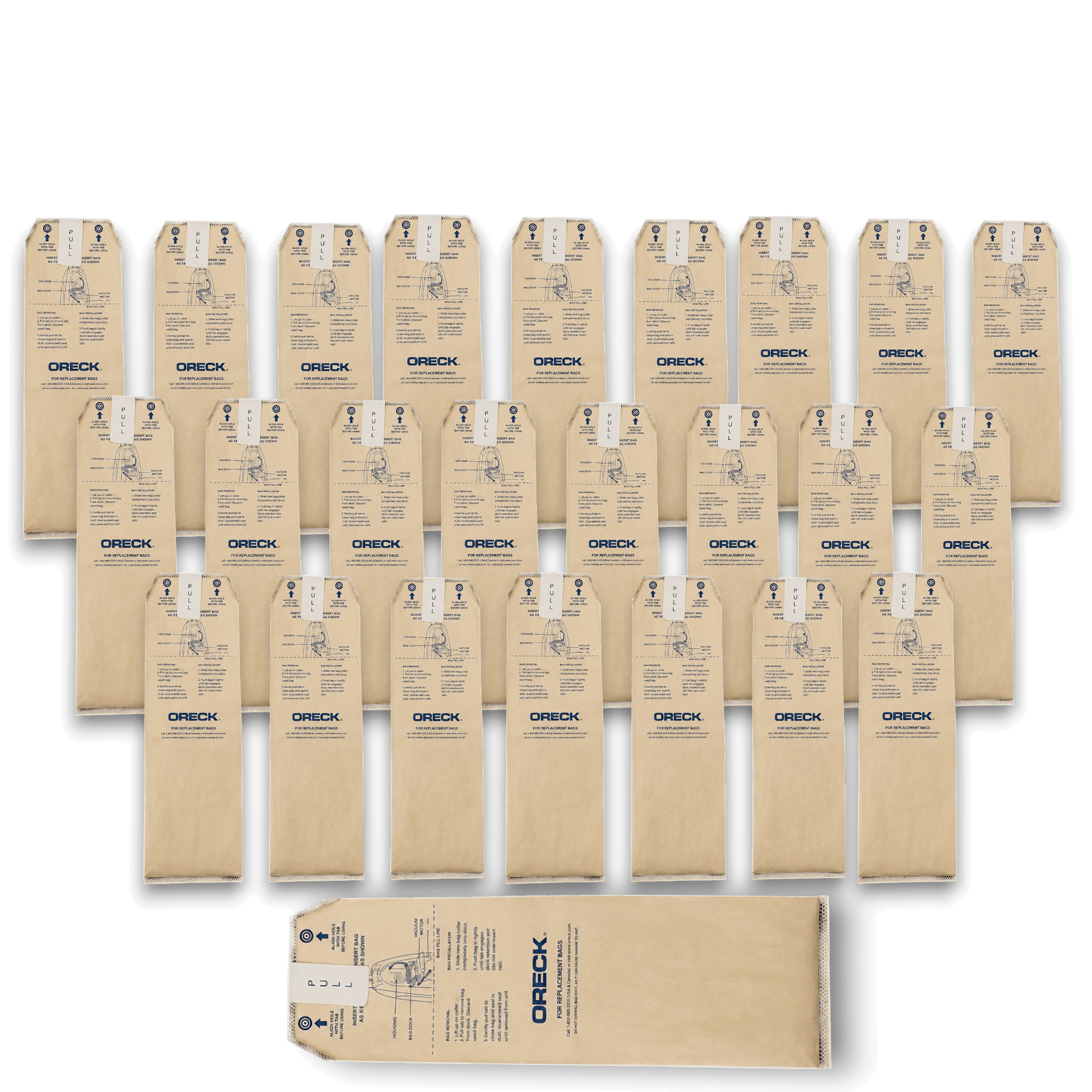 Oreck AK1LW25H Vacuum Bags for Discover & Magnesium Upright Series - Genuine 25 Pack displayed in a group.