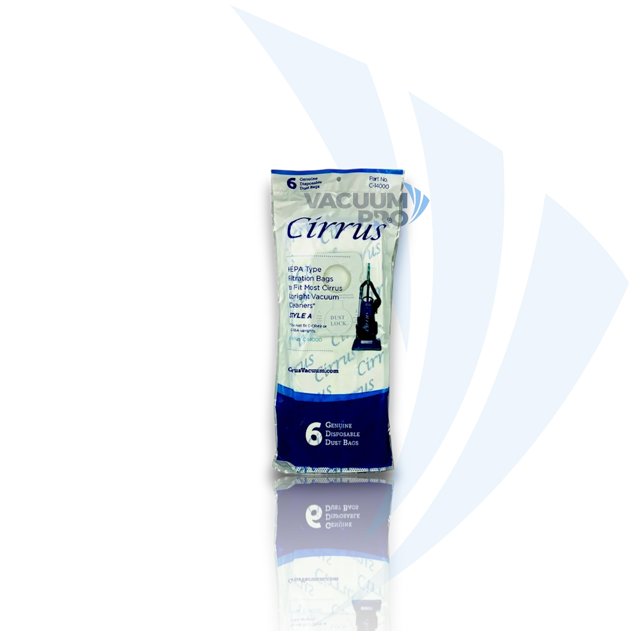 Replacement HEPA bags (Pack of 6) for Cirrus vacuum, Part #C-14000 Vacuum Bags - HEPA Filtration, Fits Cirrus Style A Upright, Part #C-14000 (Pack of 6).