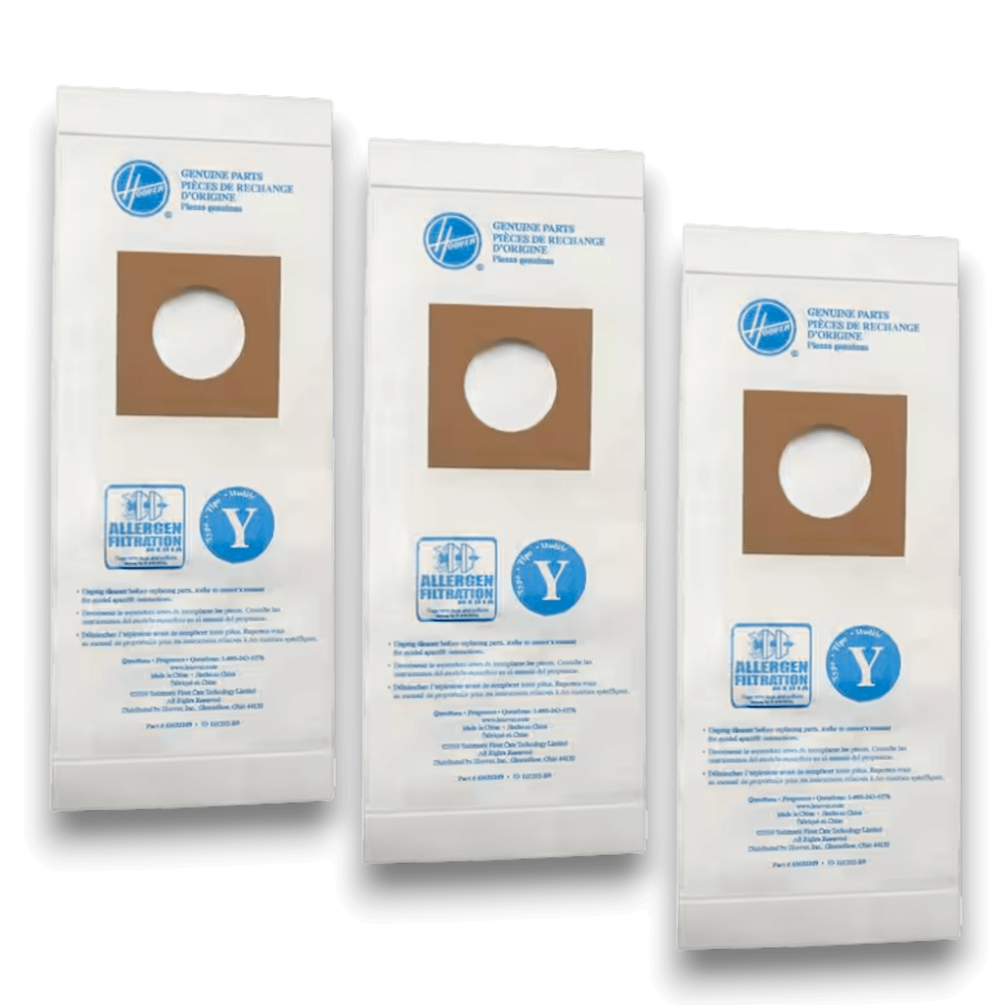 Hoover AH13270 Vacuum Bags for WindTunnel Series Uprights - Genuine 3 Pack displayed in packaging.