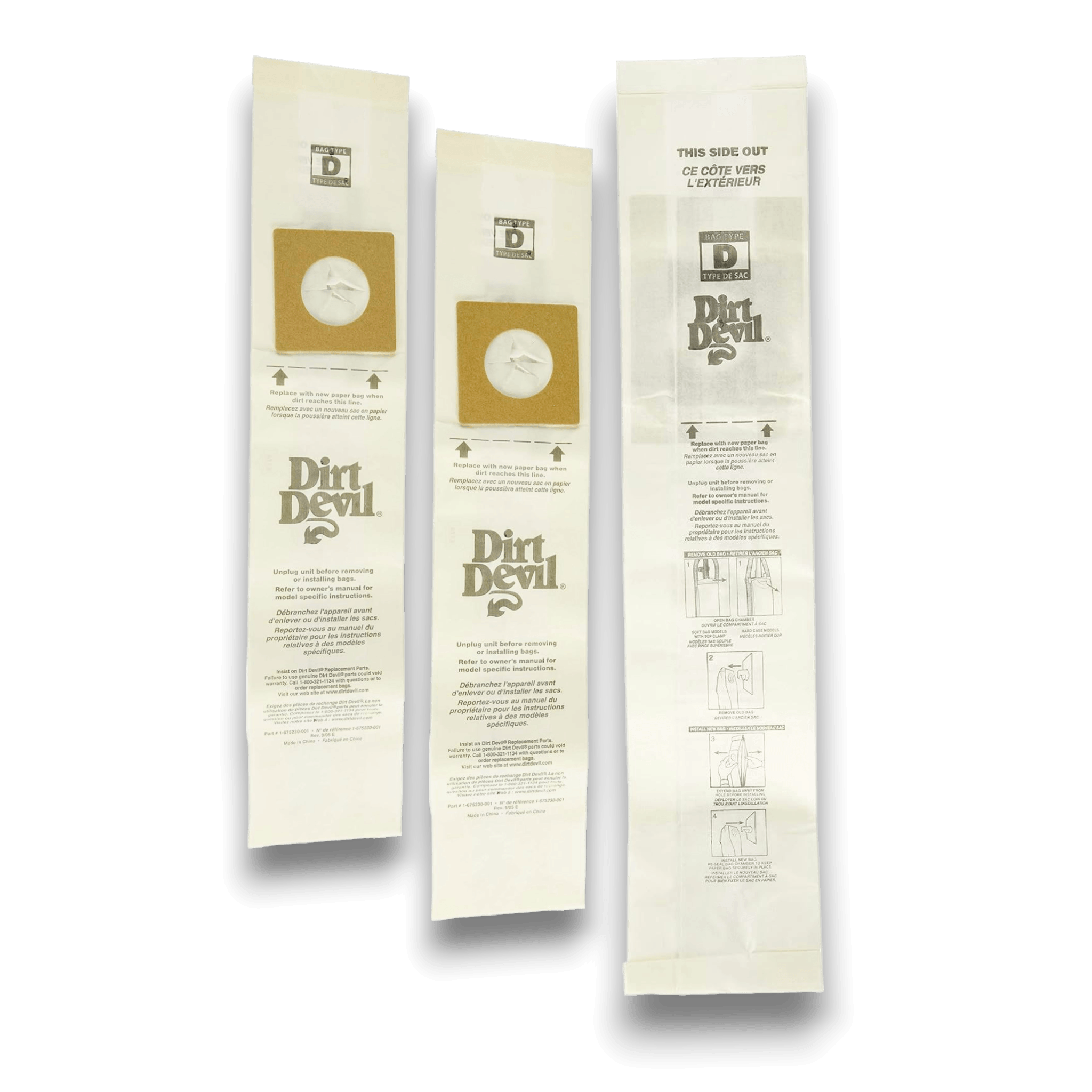 Dirt Devil 3670147001 Vacuum Bags for Type D Upright Vacuums - Genuine 3 Pack displayed in three rows.