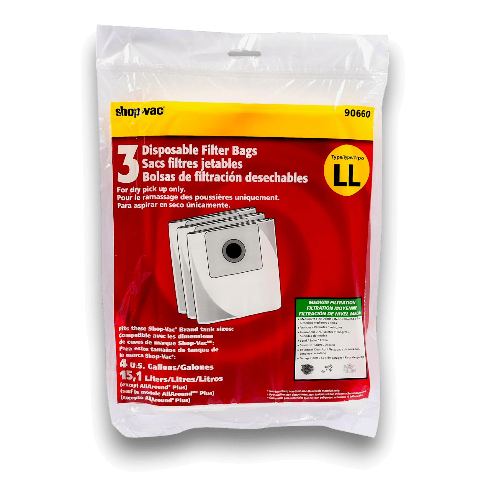 Shop-Vac 9066000 Vacuum Bags for 4 Gallon All Around - Genuine 3 Pack packaging showcasing disposable filter bags.