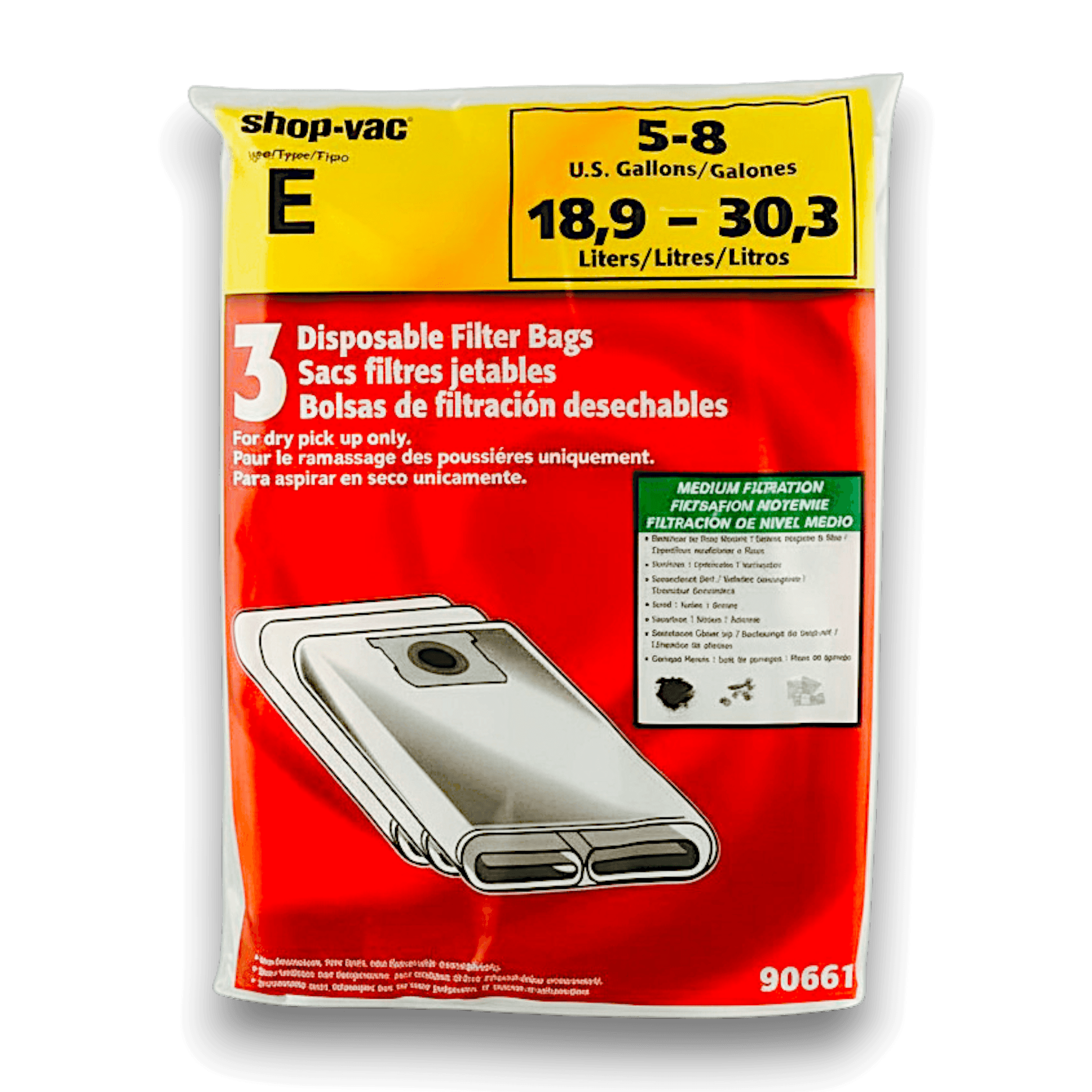 Shop-Vac 9066133 Vacuum Bags for 5-8 Gallon Series - Genuine 3 Pack packaging for easy disposal and dust collection.