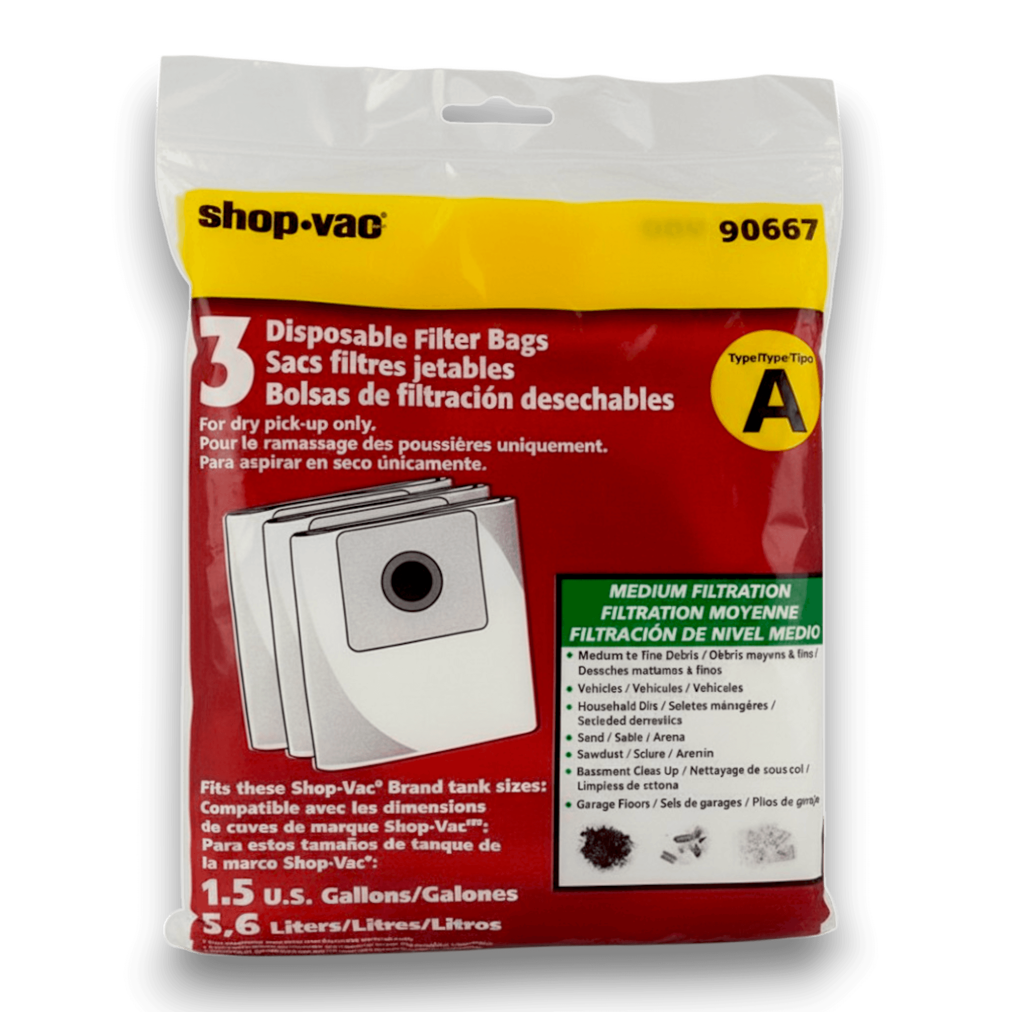 Shop-Vac 9066733 Vacuum Bags for 1-1.5 Gallon Series - Genuine 3 Pack, disposable filter bags for wet/dry vacuum systems.