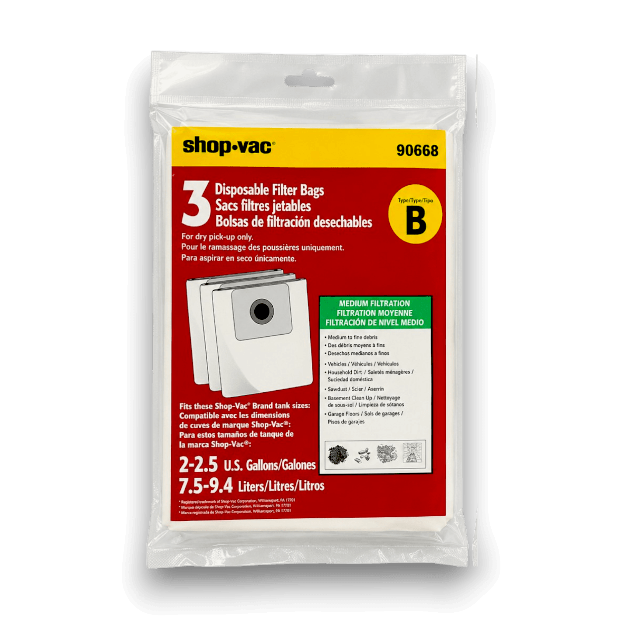 Shop-Vac 9066833 Vacuum Bags for 2-2.5 Gallon Series - Genuine 3 Pack - package of disposable filter bags.