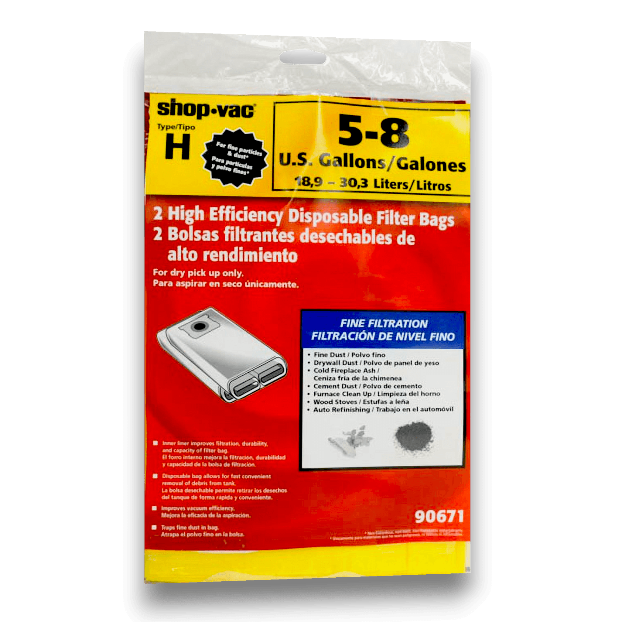 Shop-Vac 9067133 Vacuum Bags for 5-8 Gallon High Efficiency Series - Genuine 2 Pack packaging showing filter bag features.