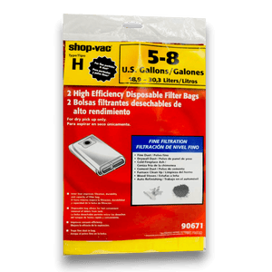 Shop-Vac 9067133 Vacuum Bags for 5-8 Gallon High Efficiency Series - Genuine 2 Pack packaging showing filter bag features.