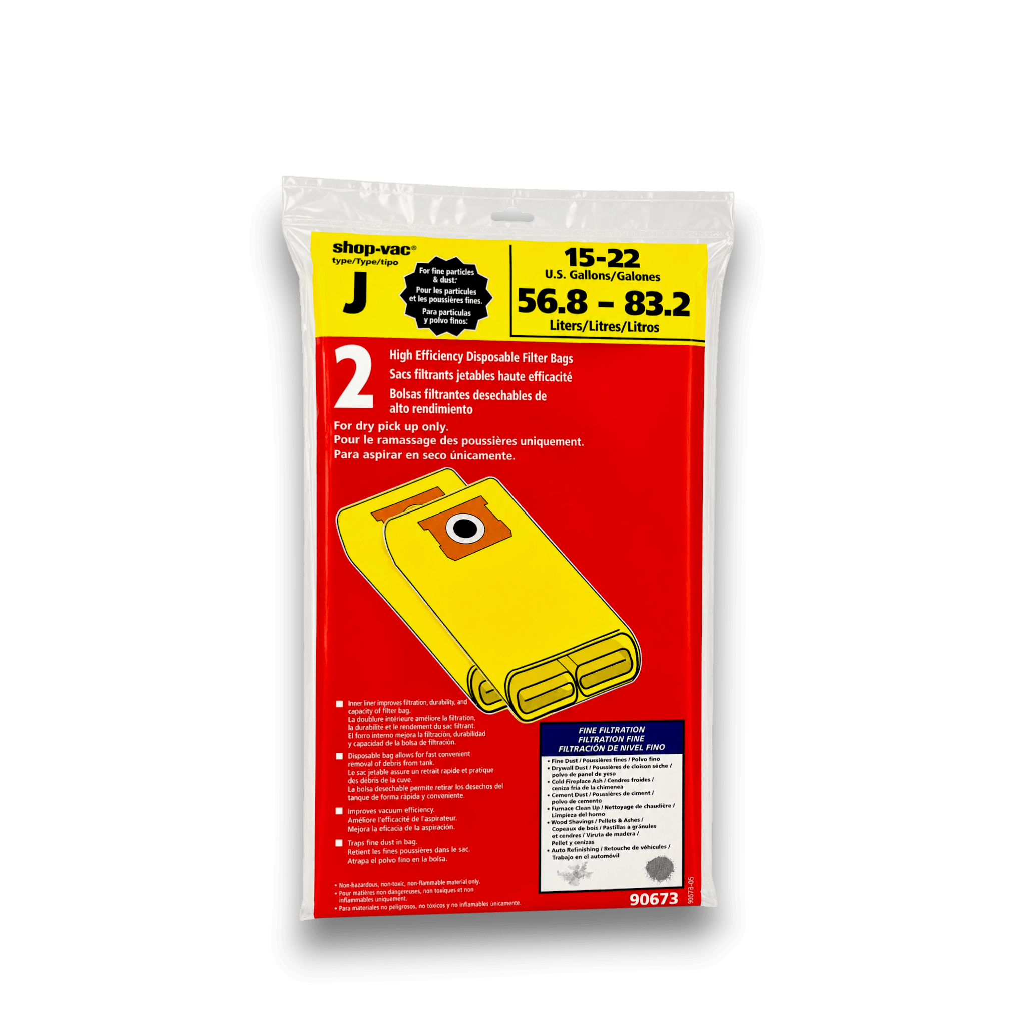 Shop-Vac 9067333 Vacuum Bags for 15-22 Gallon High Efficiency Series - Genuine 2 Pack product packaging image.