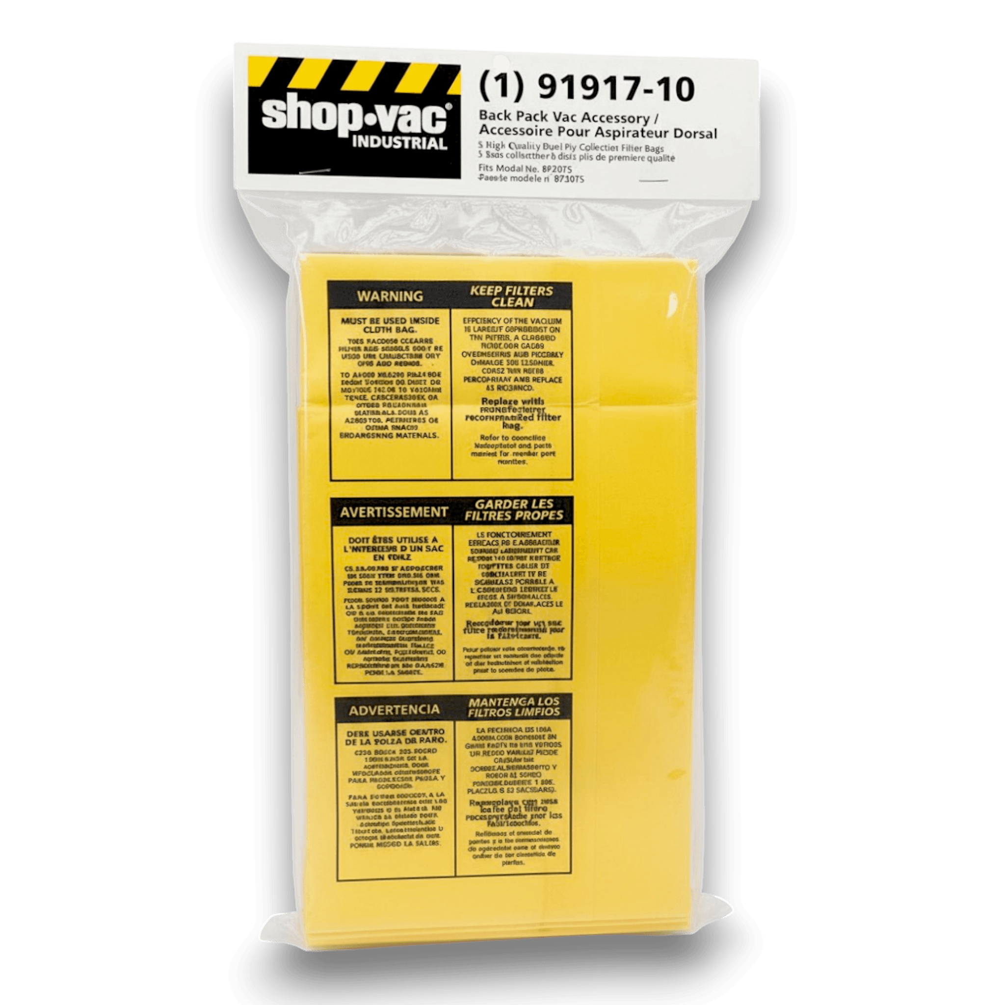 Shop-Vac 9191710 Vacuum Bags for BP20TS Backpack Series - Genuine 5 Pack in packaging, featuring detailed warnings and instructions.