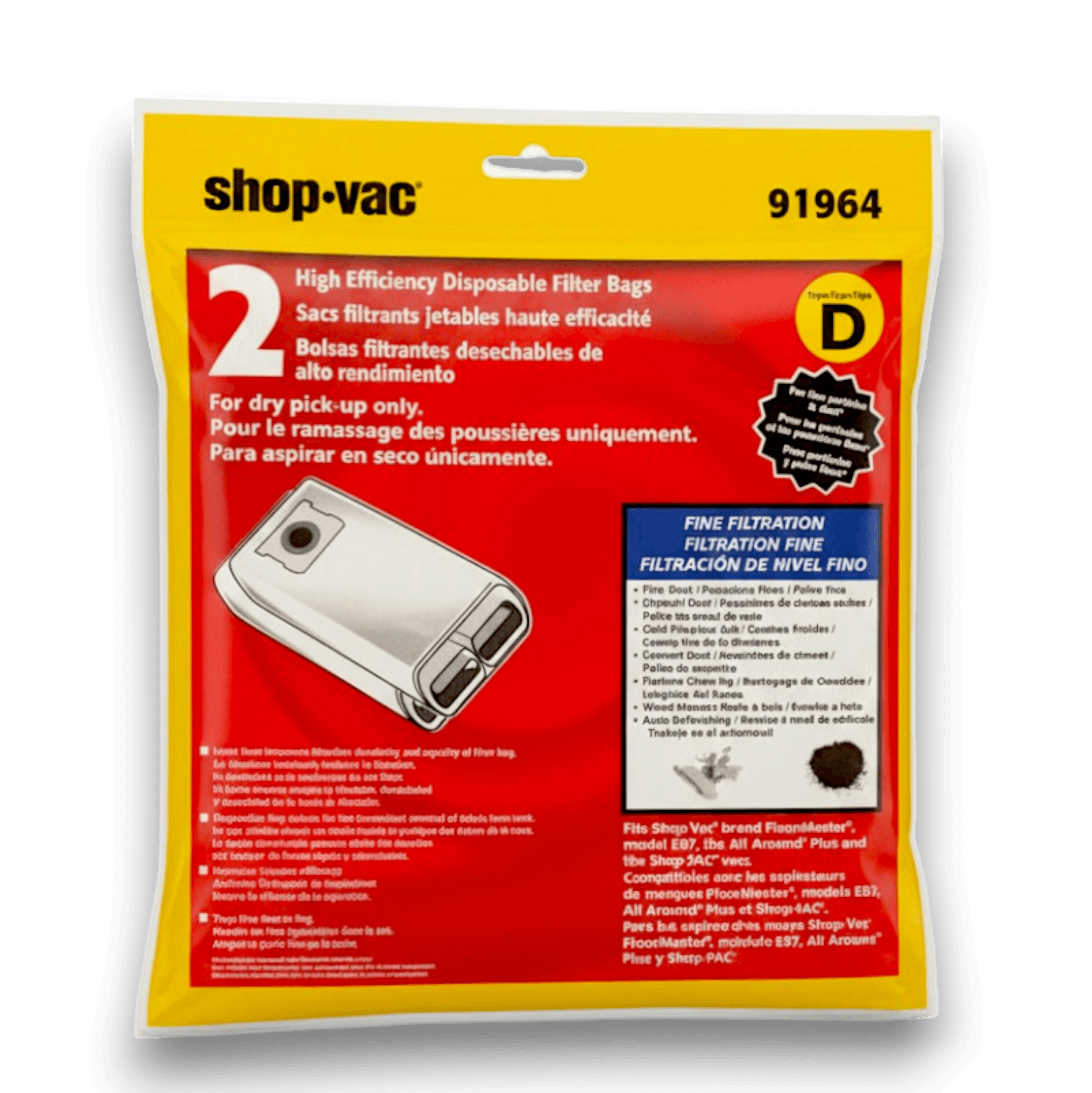 Shop-Vac 9196433 Vacuum Bags for 4 Gallon All Around Plus Series - Genuine 2 Pack packaging image.