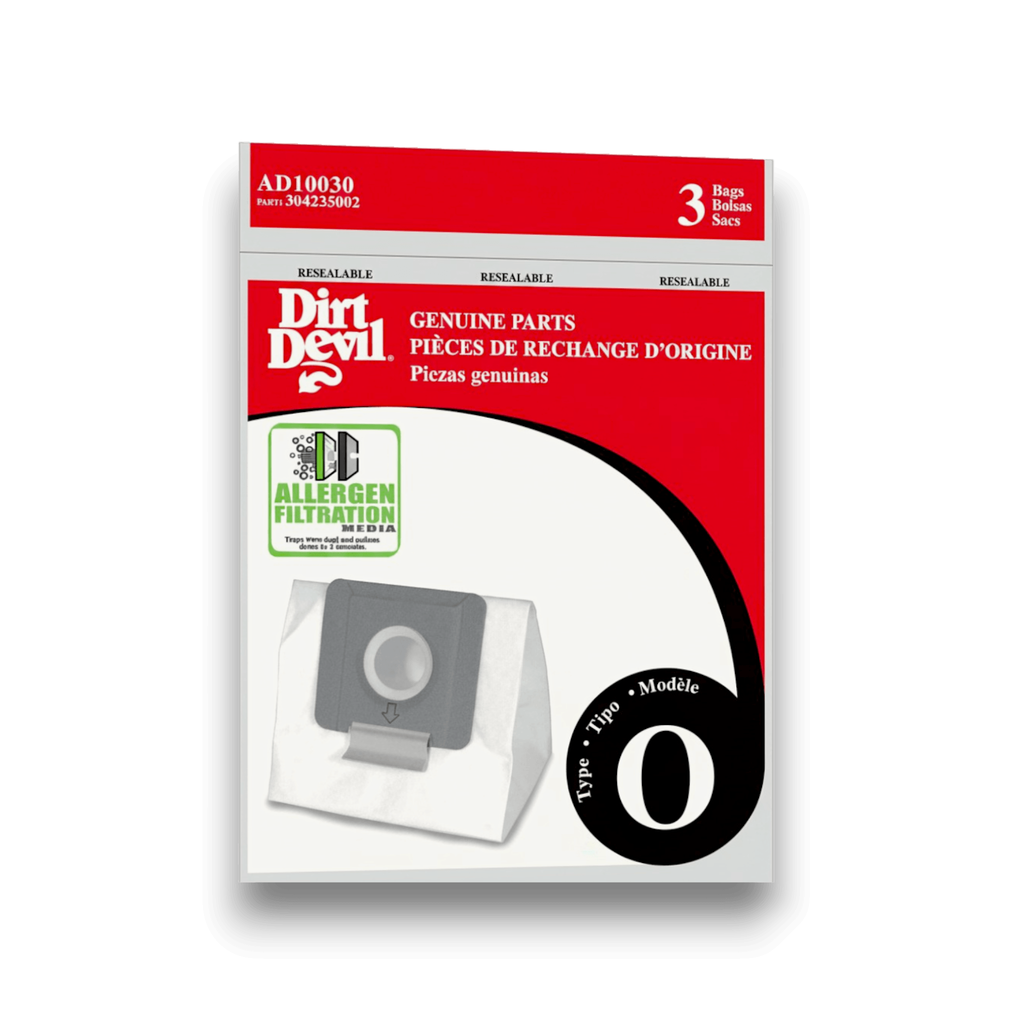 Dirt Devil AD10030 Vacuum Bags for Type O Canister Vacuums - Genuine 3 Pack, allergen filtration bags in packaging.