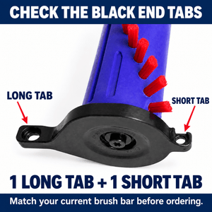Dyson 966870-01 Brush Bar showing black end tabs with 1 long tab and 1 short tab for proper fitment.