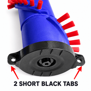 Close-up of Dyson 966098-01 Brush Bar showing two short black tabs and red bristles for superior cleaning performance.