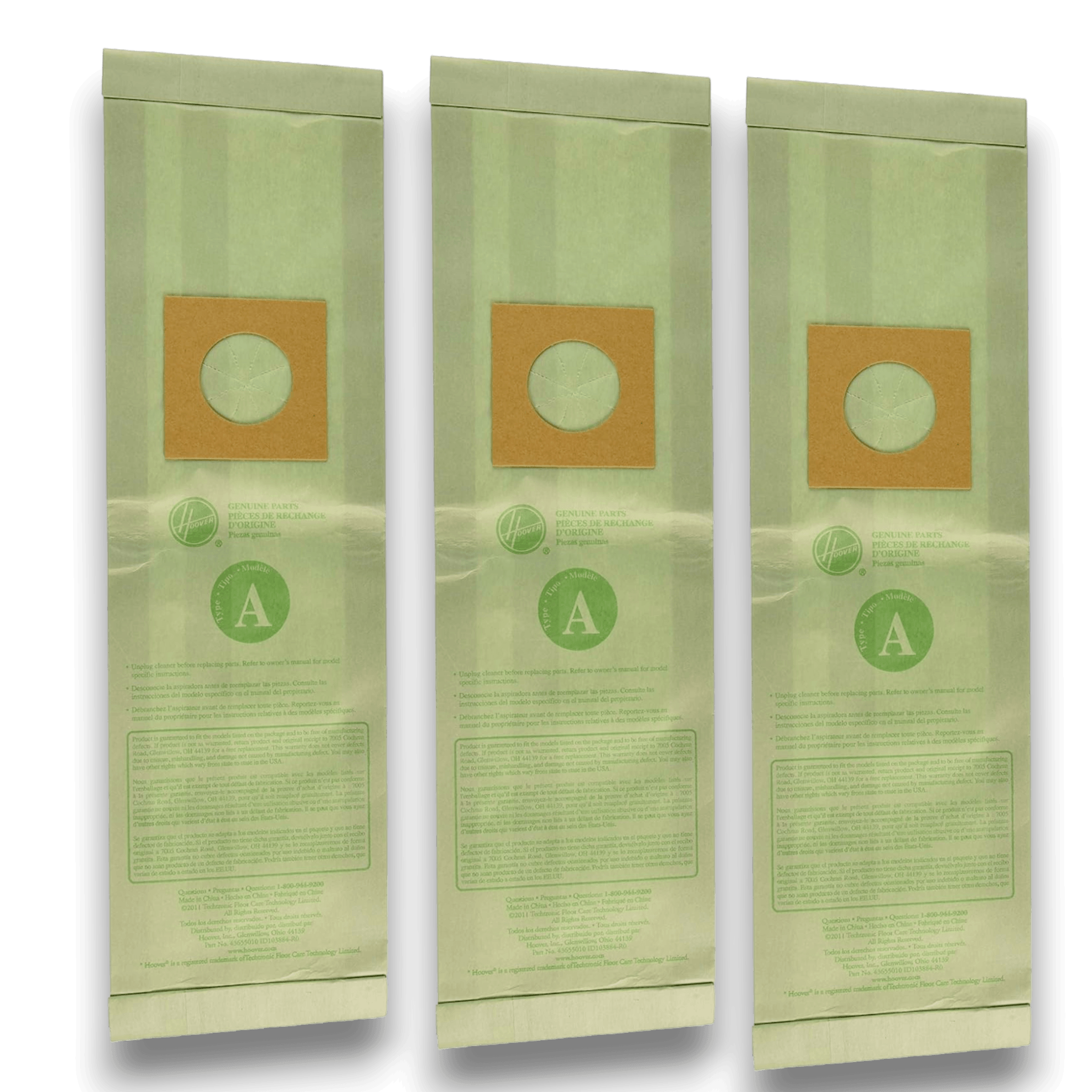 Hoover 4010001A Vacuum Bags for Type A Upright Vacuums - Genuine 3 Pack packaging showing three vacuum bags.