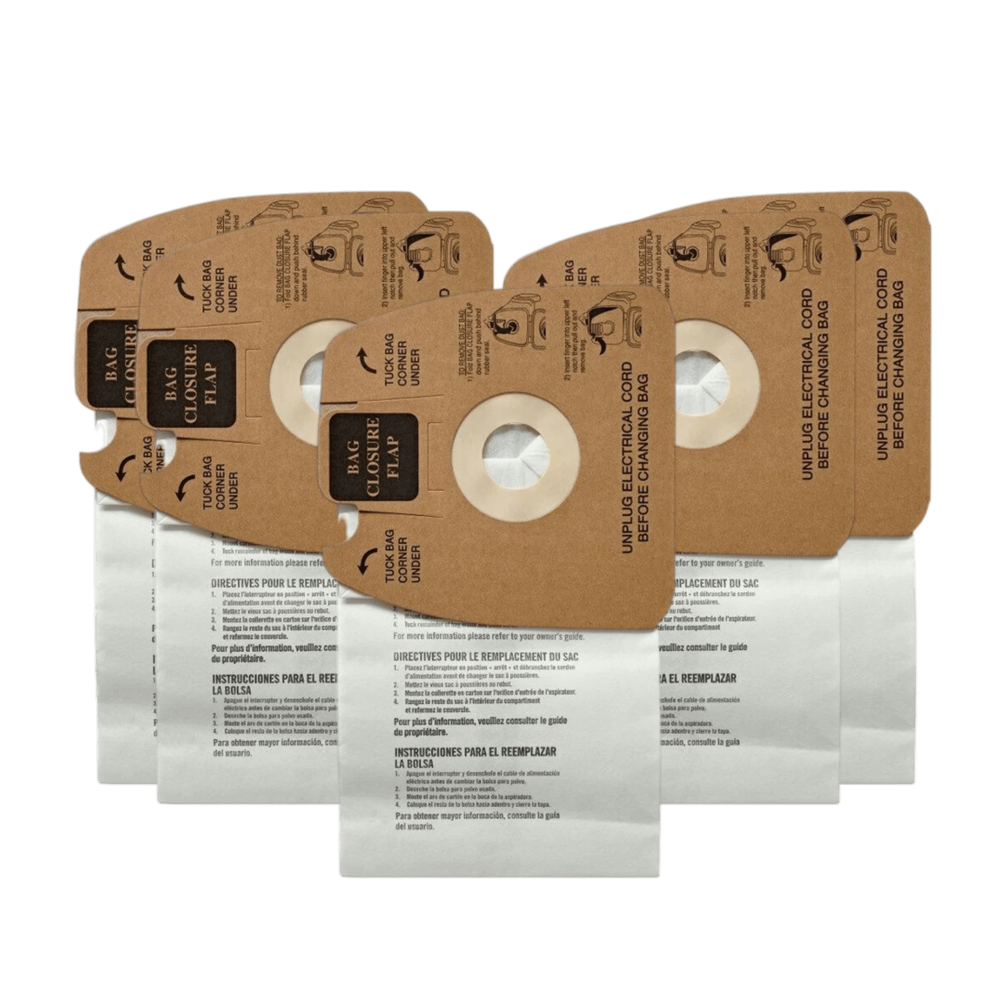 Sanitaire 63253A Vacuum Bags for Mighty Mite 3600 Series Vacuums - Genuine 5 Pack displayed with bag closure flaps.