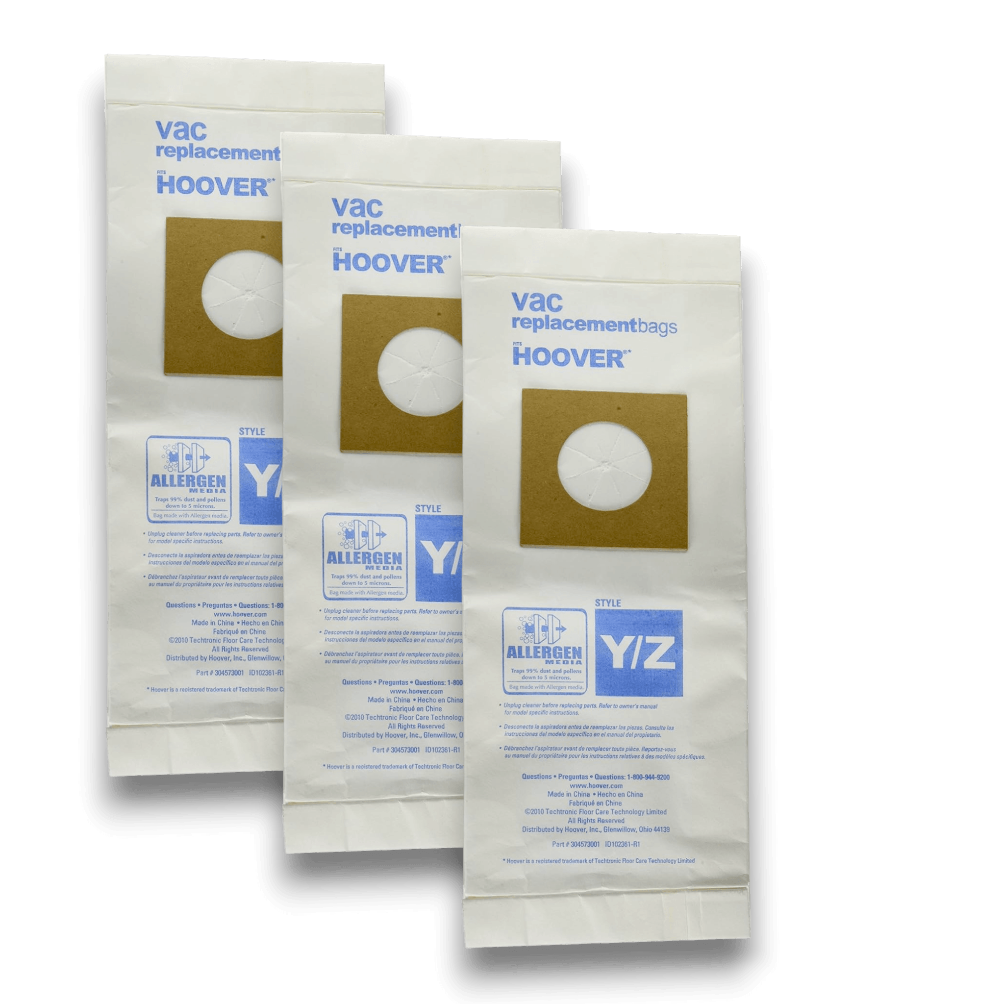 Hoover AA10002 Vacuum Bags for Type Y/Z Upright Vacuums - Genuine 3 Pack on display.