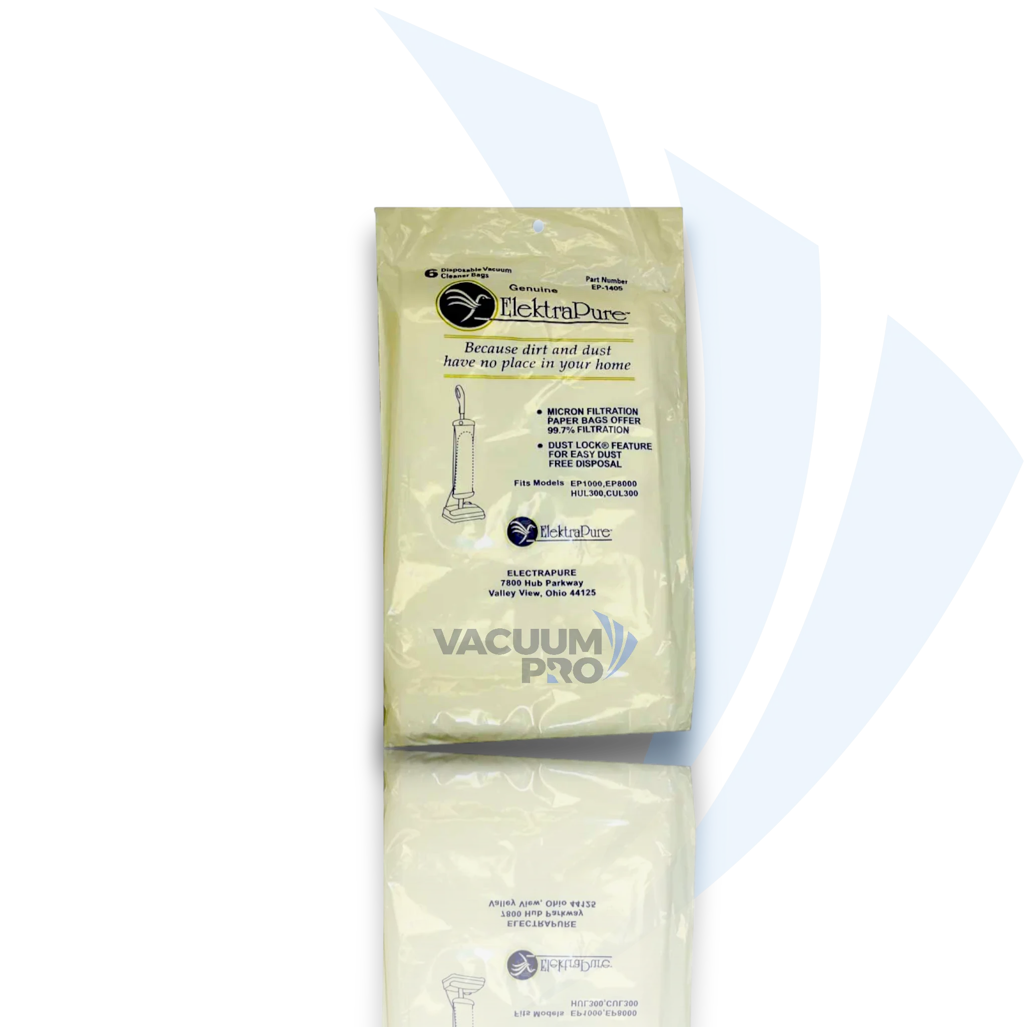 Replacement paper bag for ElektraPure vacuum, Part #EP-1405 Vacuum Bags - Paper Bag, Fits ElektraPure Upright EP-1405, Part #EP-1405 (Pack of 6).