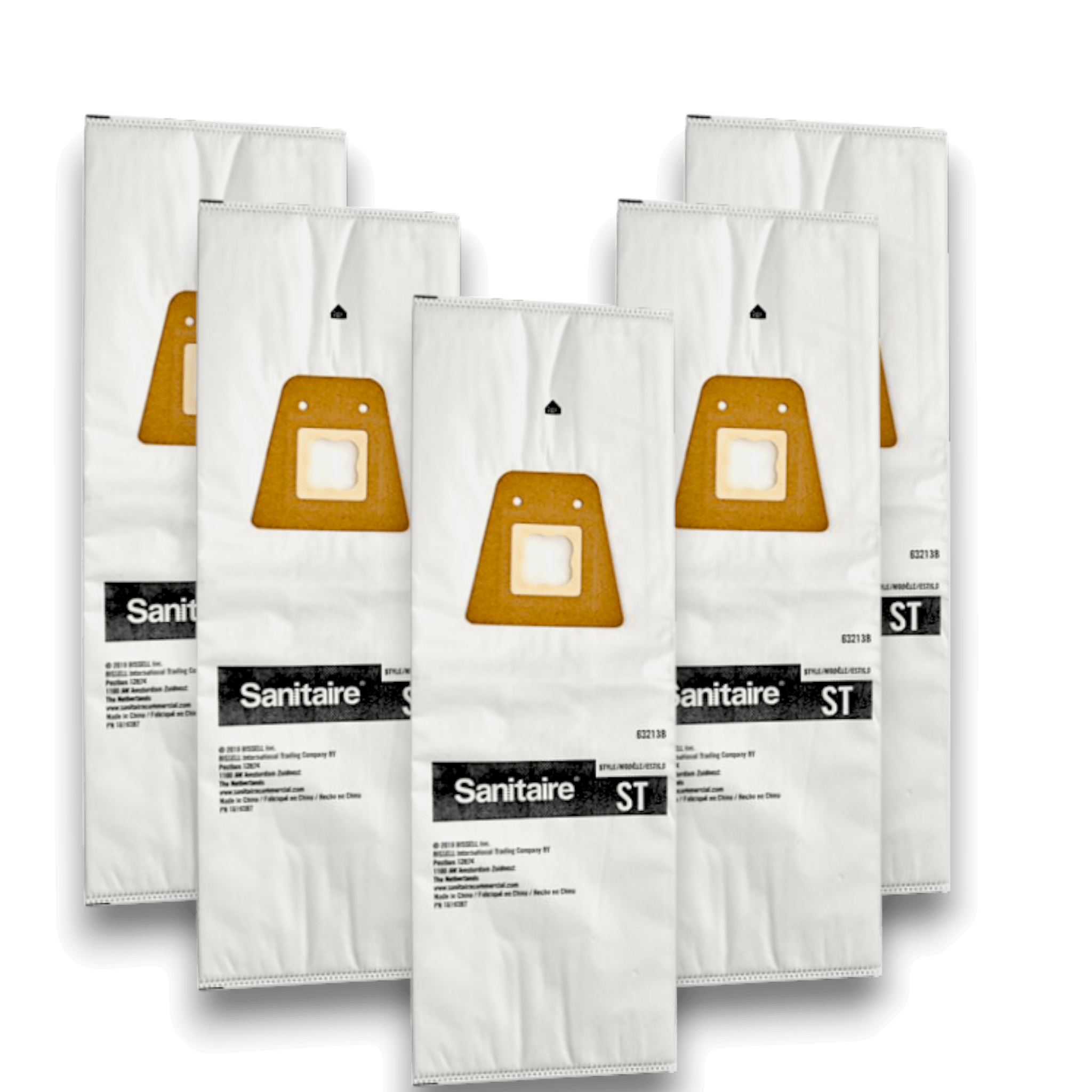 Sanitaire 63213B Vacuum Bags for Tradition Series Vacuums - Genuine 5 Pack displayed in a group.