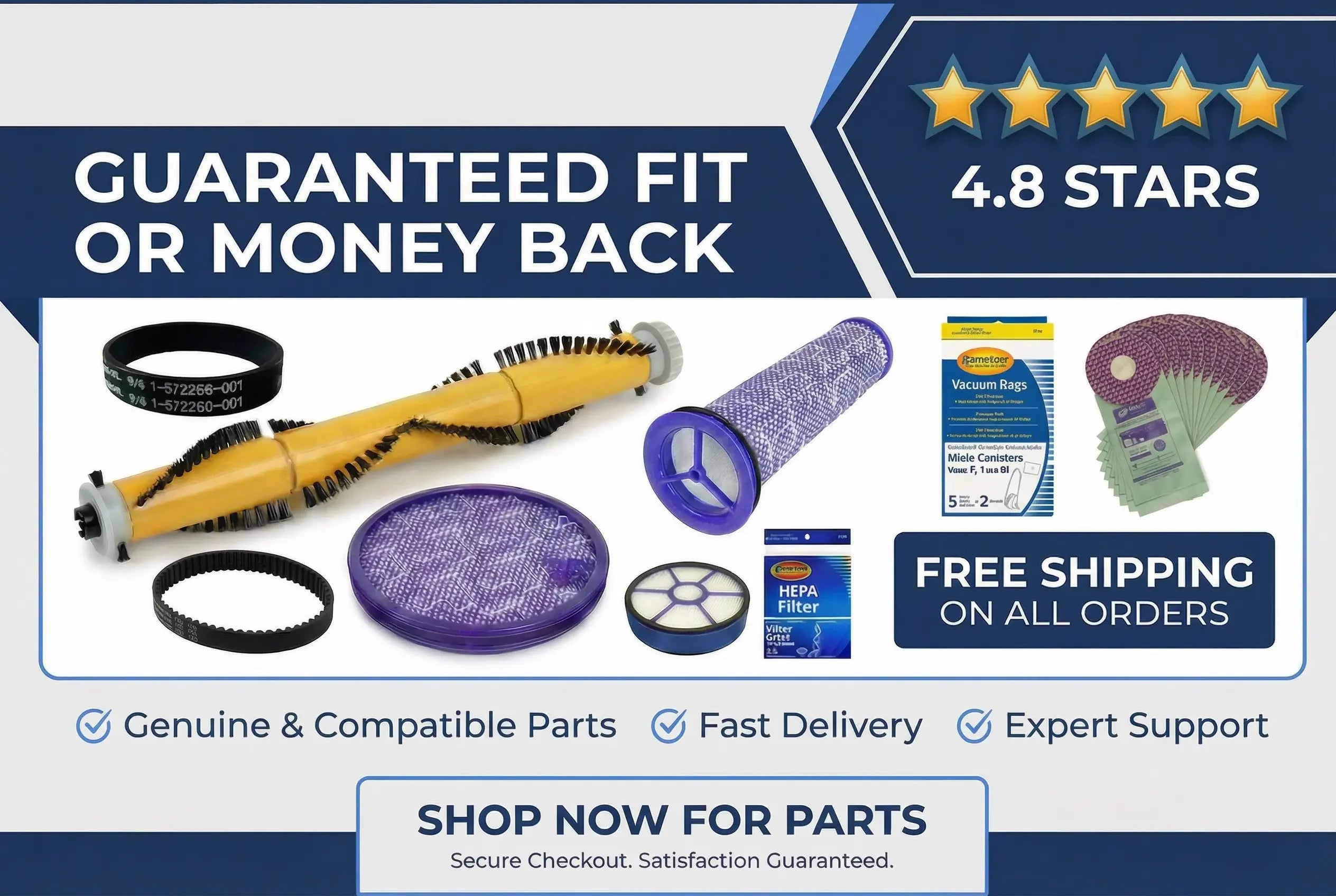 Vacuum replacement parts banner with filters and brushroll, guaranteed fit or money back, 4.8 stars, free shipping on all orders