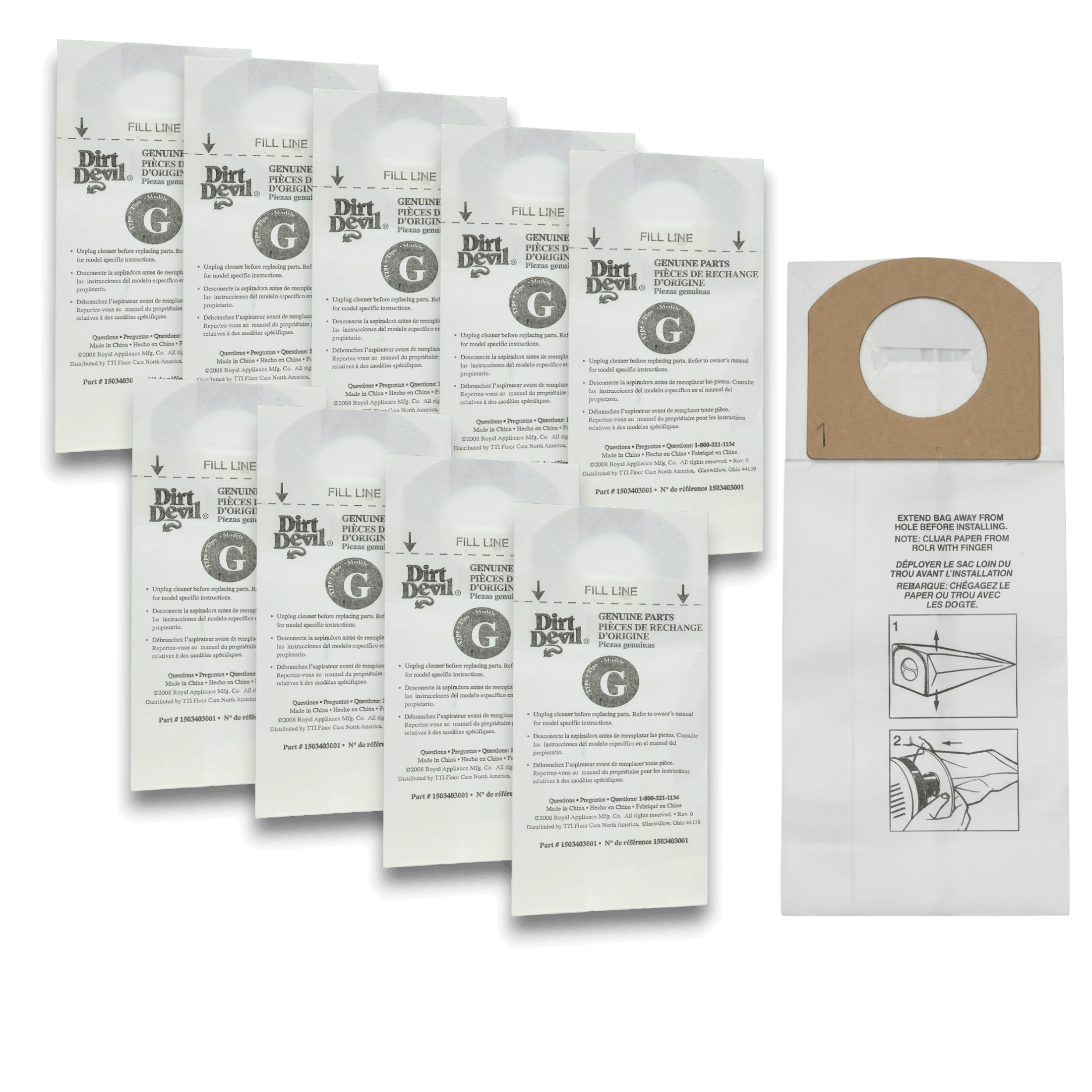 Dirt Devil 3010348001 Vacuum Bags for Type G Hand Vac Series - Genuine 10 Pack displayed in a group.