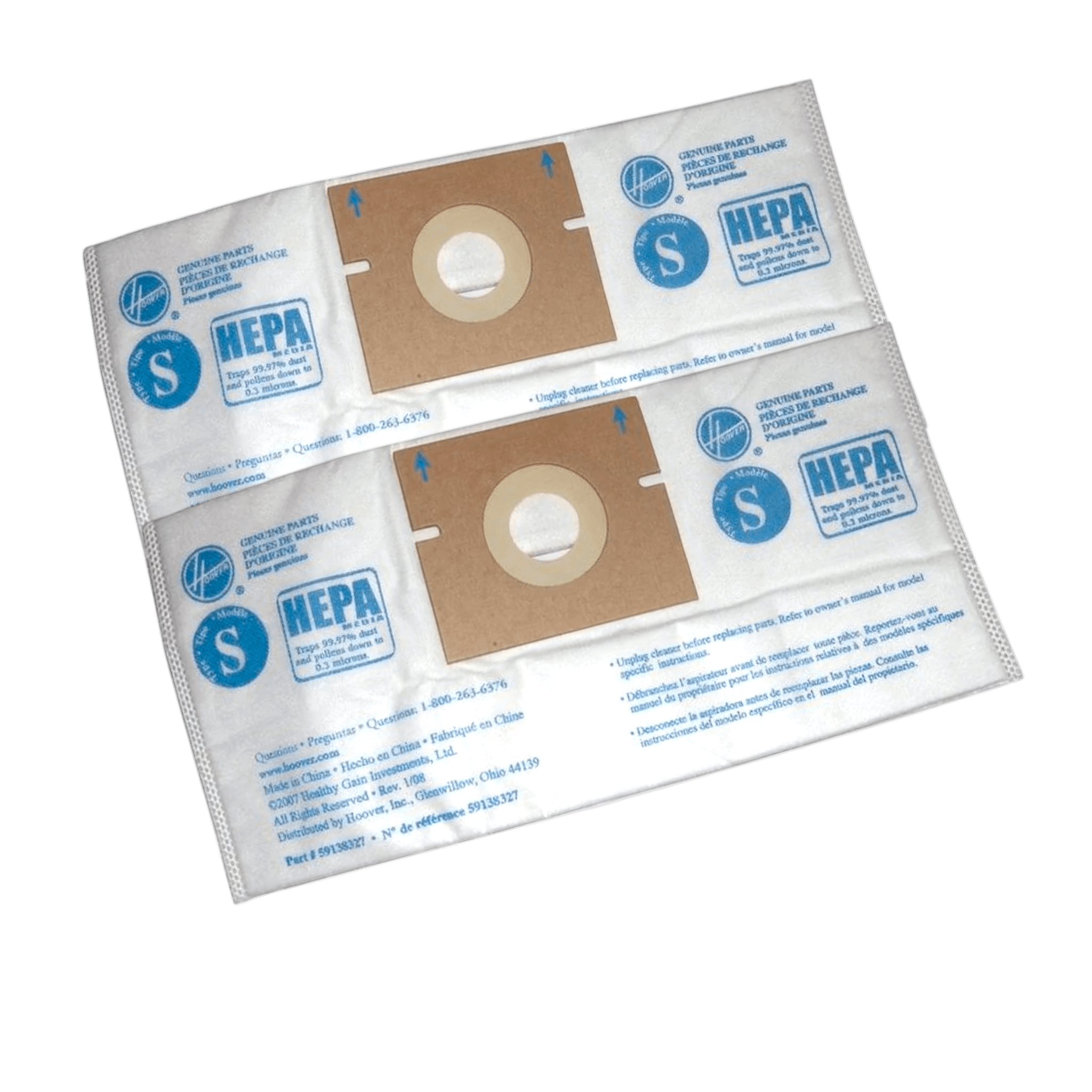Hoover 4010808S HEPA Vacuum Bags for Type S Canister Vacuums - Genuine 2 Pack on a black background.