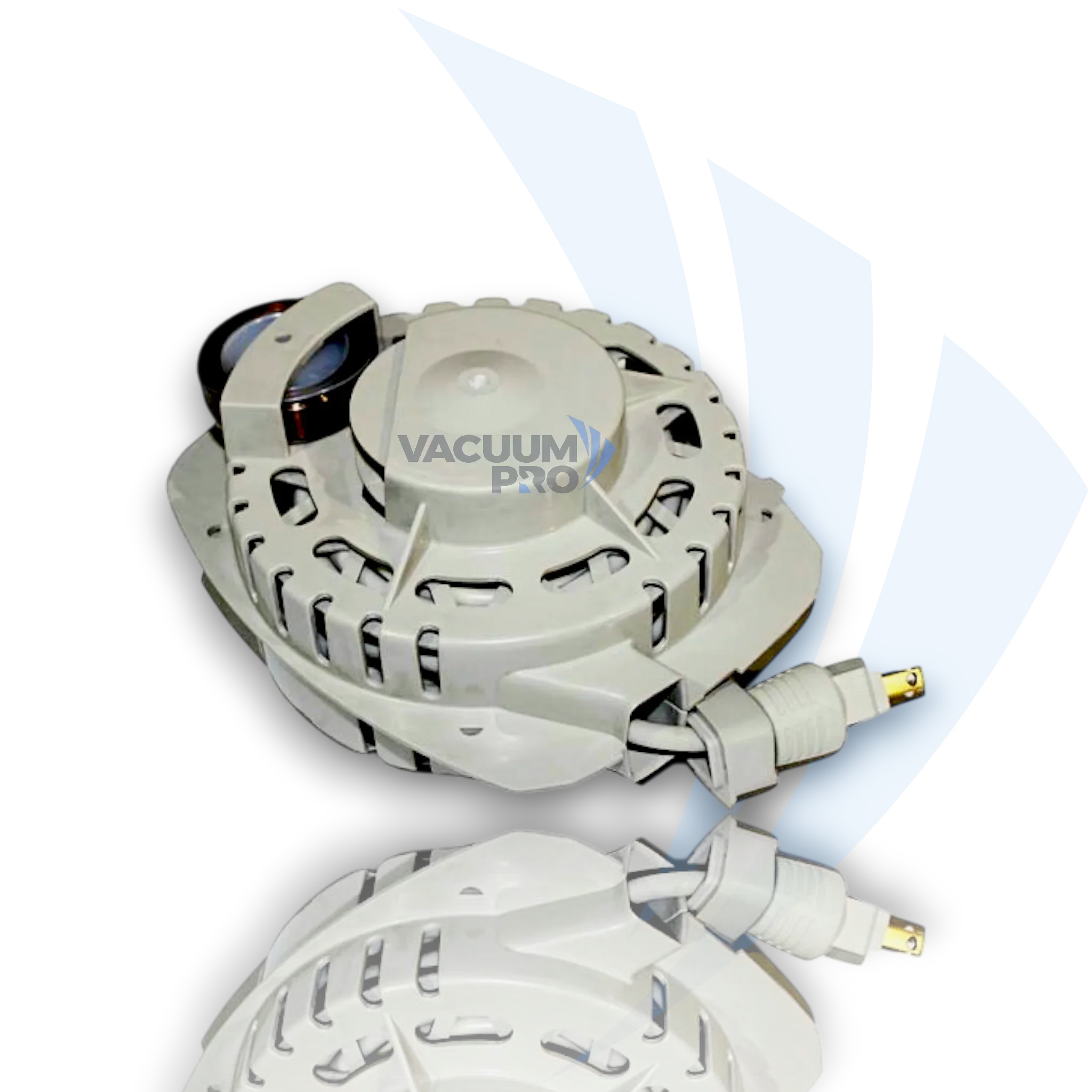 VacuumPro robotic pool cleaner motor assembly with power cable connector, replacement part on blue abstract background
