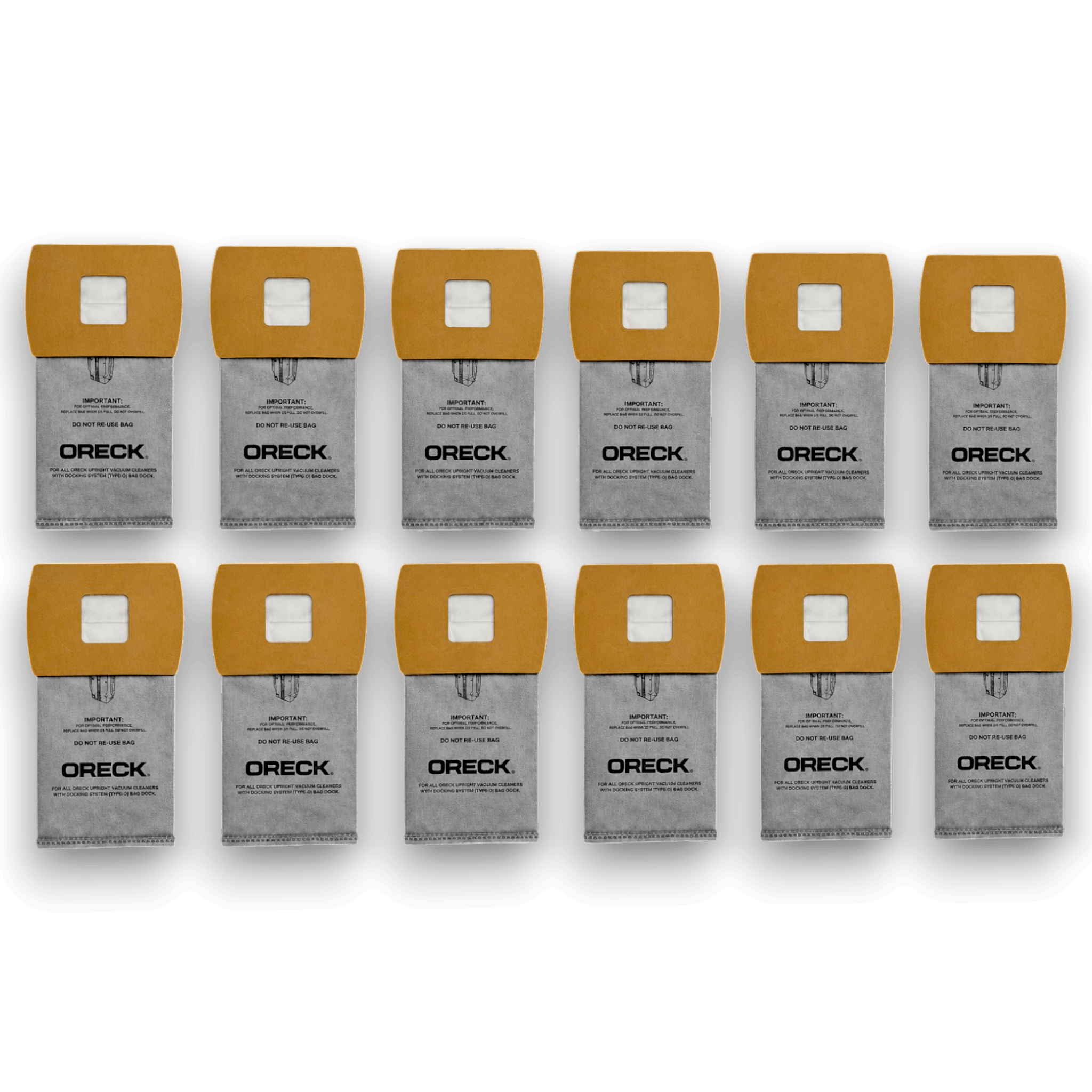 Oreck AK14312 Vacuum Bags for Buster B Type BB Canisters - Genuine 12 Pack displayed in a row.
