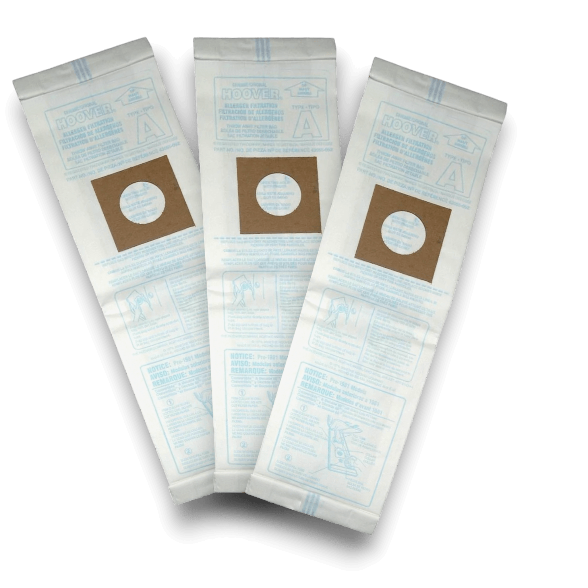 Hoover 4010100A Vacuum Bags for Type A Upright Vacuums - Genuine 3 Pack displayed on a black background.