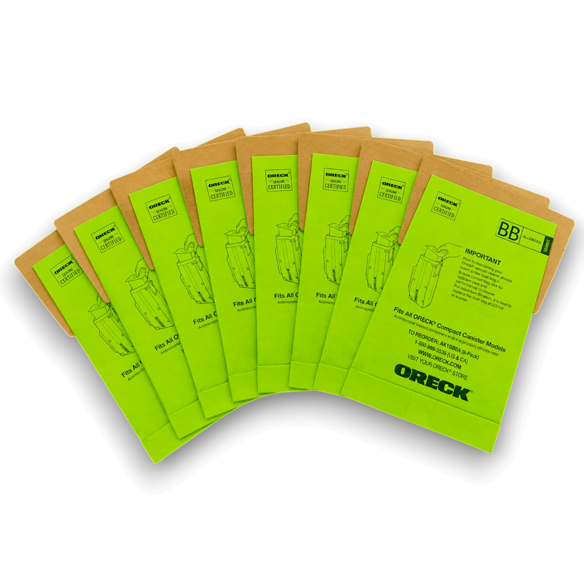 Oreck AK12308 Vacuum Bags for Buster B Type BB Canisters - Genuine 8 Pack displayed in a group