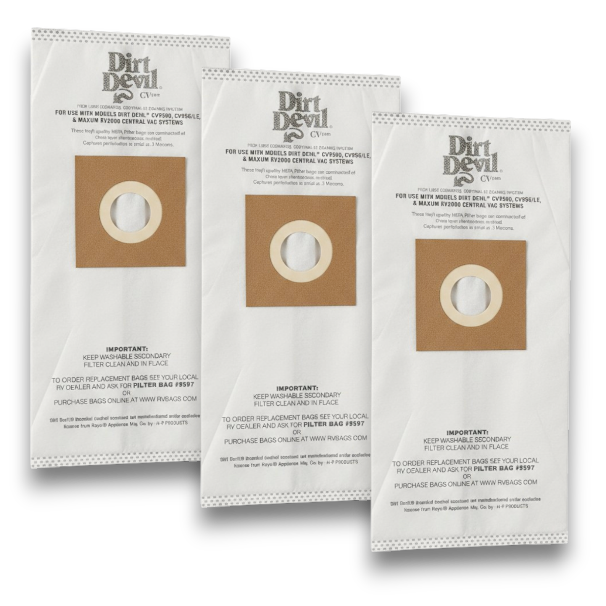 Dirt Devil 9597 Vacuum Bags for CV950 Central Vacuum Series - Genuine 3 Pack
