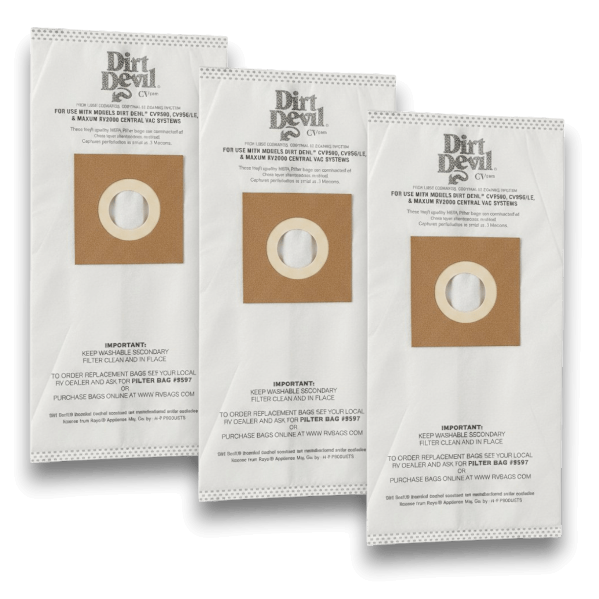 Dirt Devil 9597 Vacuum Bags for CV950 Central Vacuum Series - Genuine 3 Pack, premium HEPA bags for optimal dust containment.