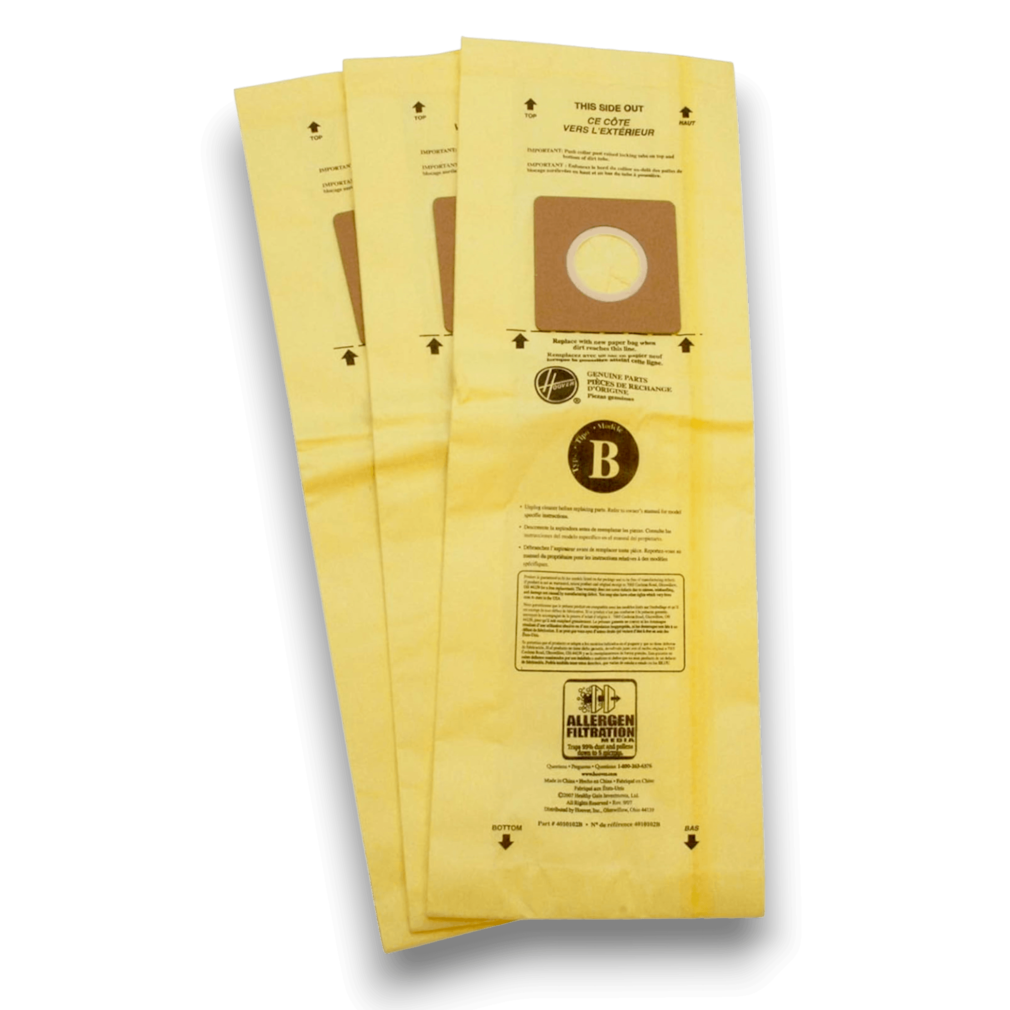 Hoover 4010103B Vacuum Bags for Type B Lightweight Uprights - Genuine 3 Pack, allergen filtration bags.