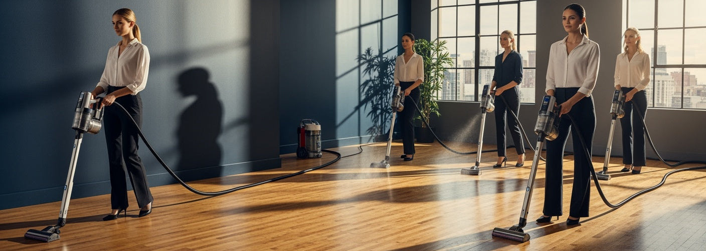 Professional cleaners vacuuming hardwood floors in modern office with large windows, commercial cleaning service team at work