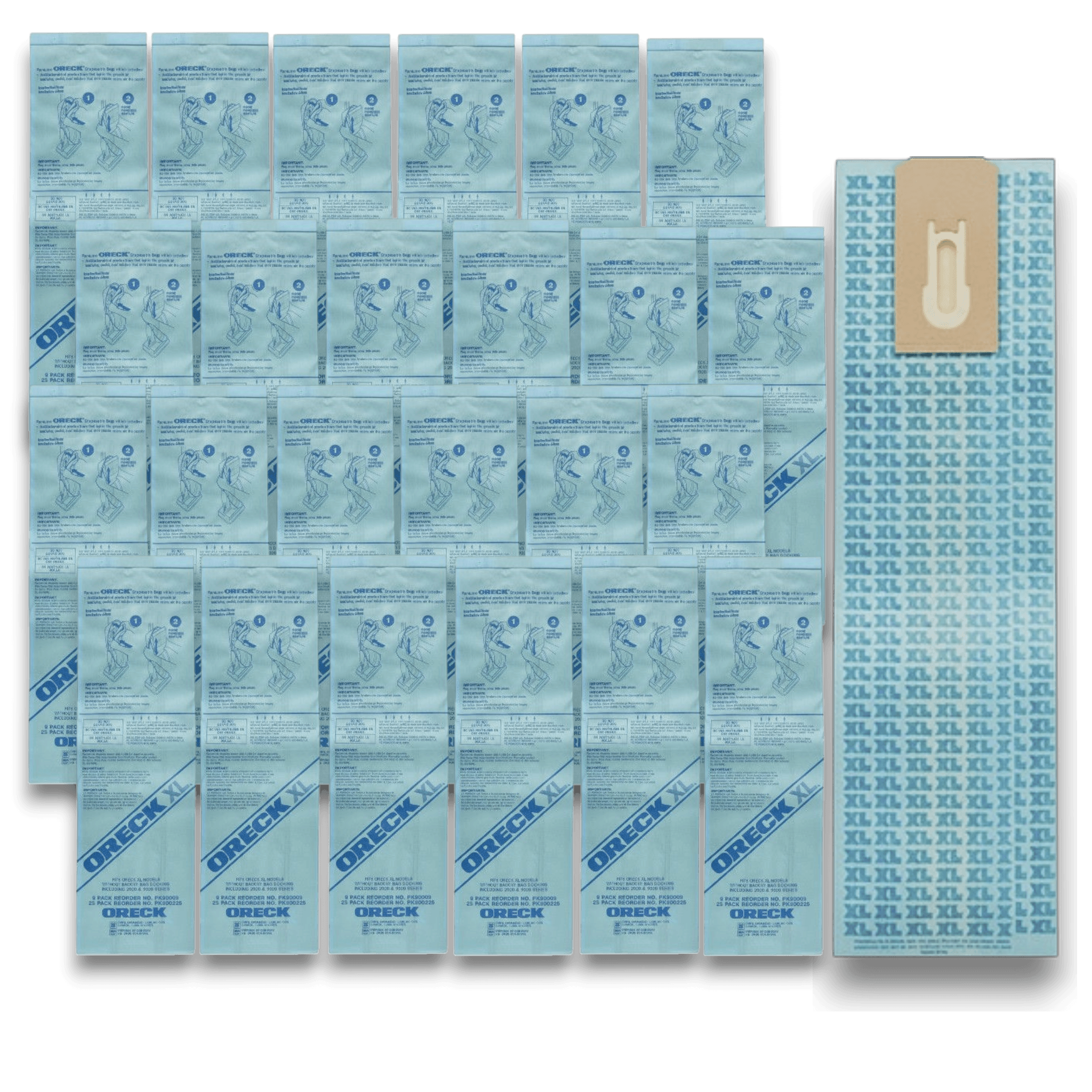 Oreck AK11125 Vacuum Bags for XL Upright Non-Docking Series - Genuine 25 Pack displayed in a neat arrangement.