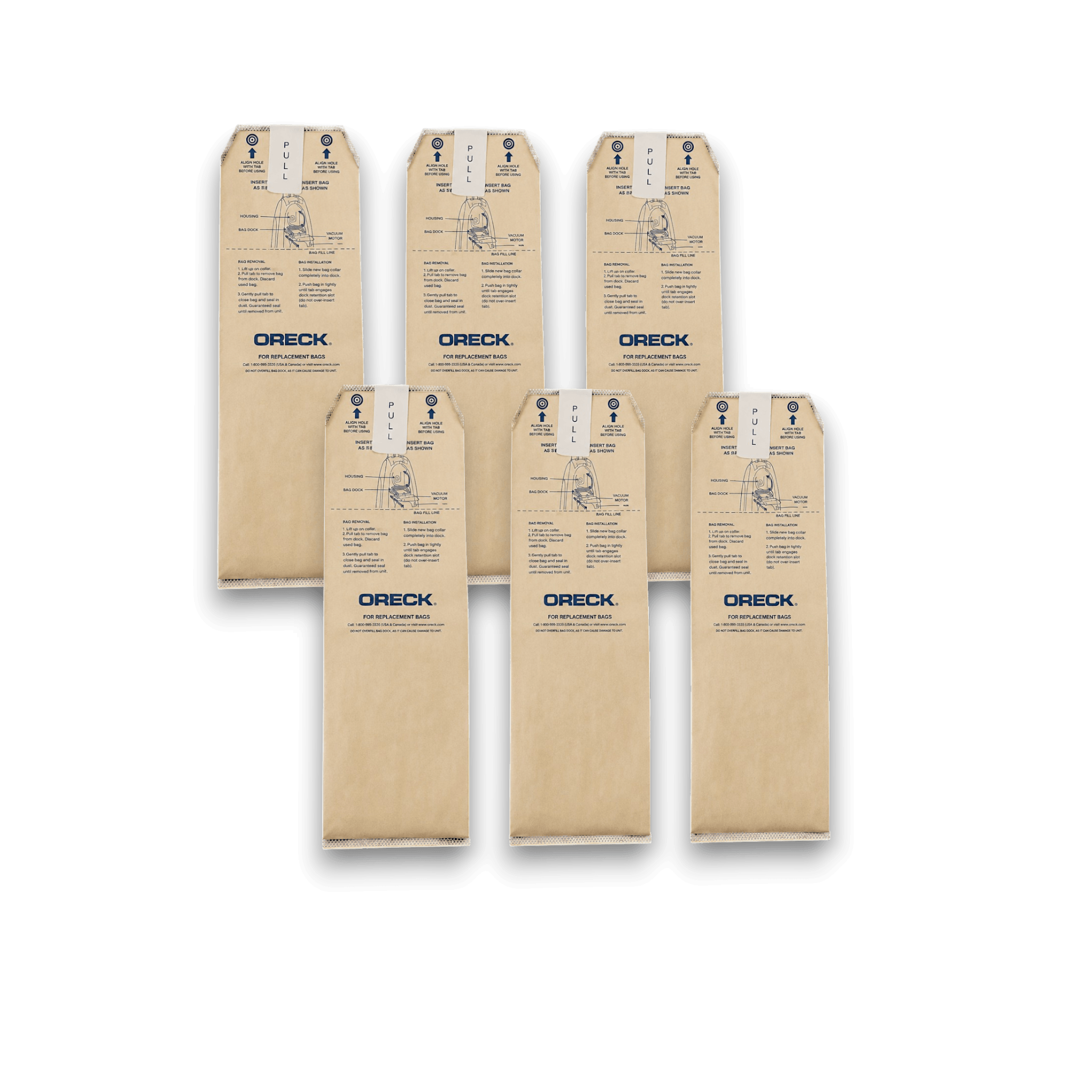 Oreck AK1LW6H Vacuum Bags for Discover & Magnesium Upright Series - Genuine 6 Pack displayed in a group.