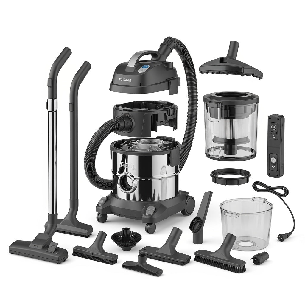 Wet/dry vacuum cleaner kit with stainless steel canister, hose, extension wands, floor nozzle, brush and accessories