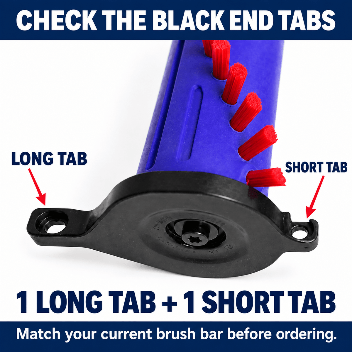 Dyson 966870-01 Brush Bar showing black end tabs with 1 long tab and 1 short tab for proper fitment.