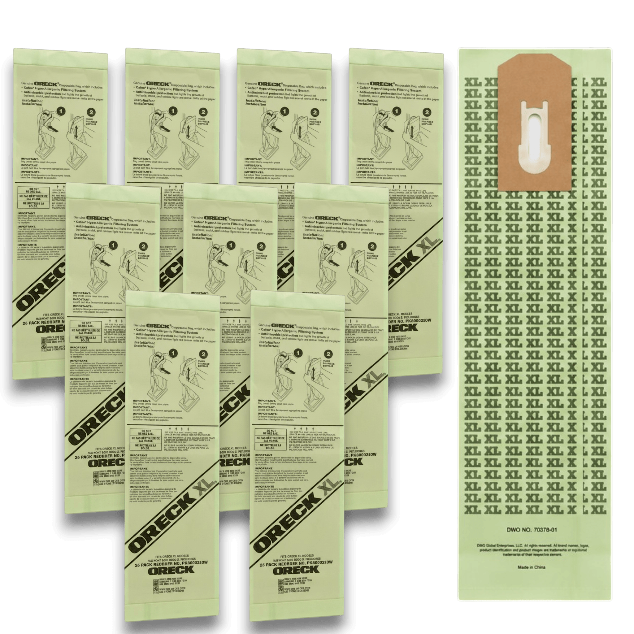 Oreck AK12109 Vacuum Bags for XL Upright Non-Docking Series - Genuine 9 Pack displayed in packaging.
