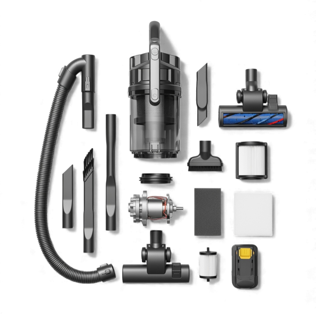 Cordless stick vacuum cleaner with attachments and filters set, including hose, motorized brush head, crevice tools, battery and dust bin