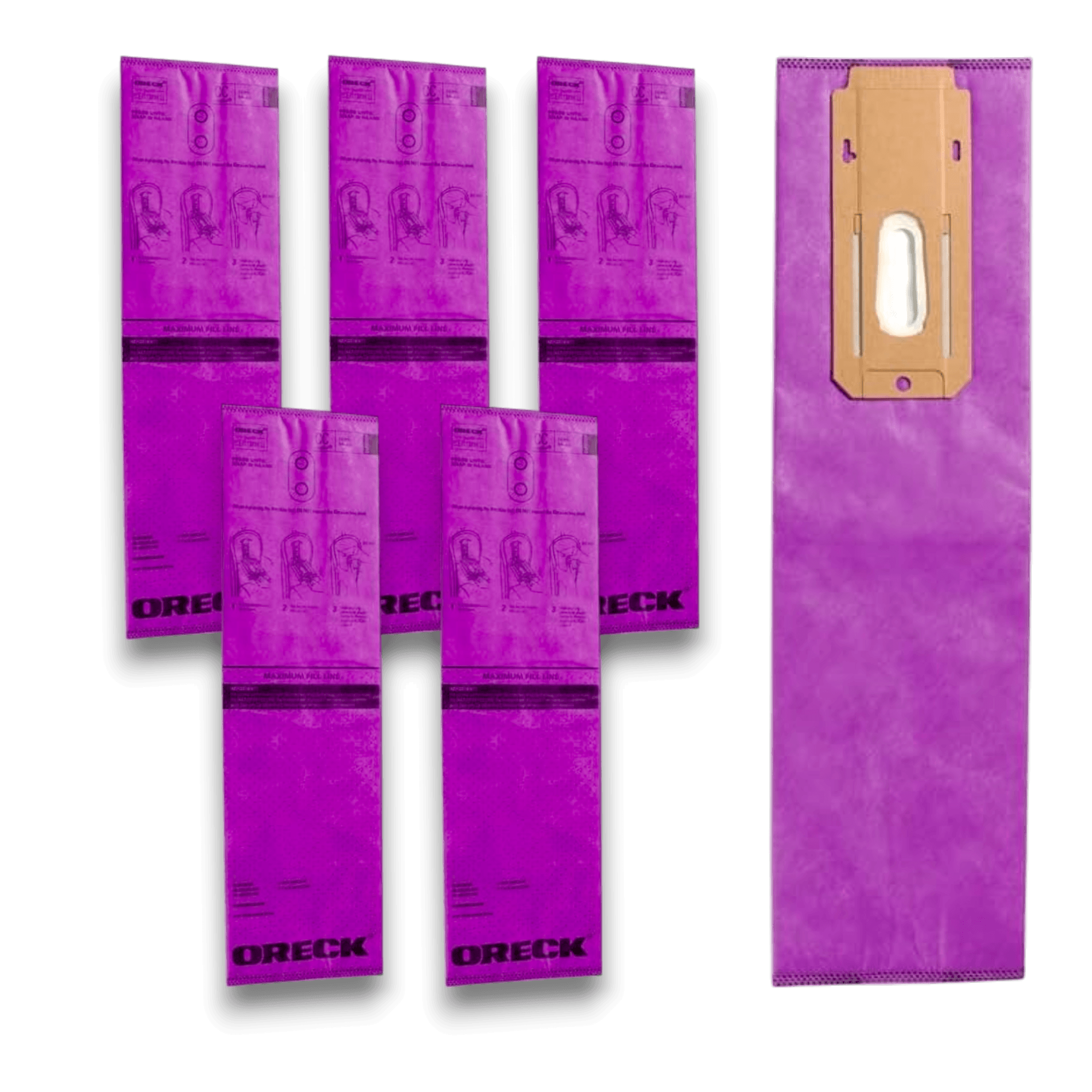 Oreck AK1CC6H Vacuum Bags for Type CC Upright Series Docking System - Genuine 6 Pack shown in purple packaging.