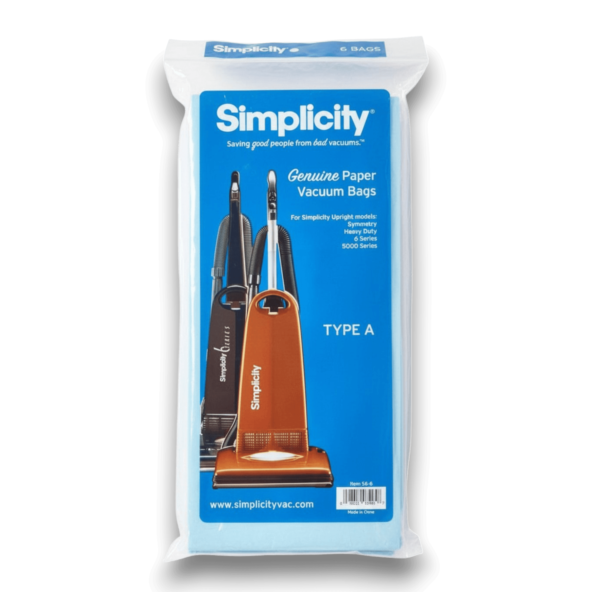 Simplicity S6-6 Vacuum Bags for Type A Upright Series - Genuine 6 Pack packaging with vacuum models displayed.