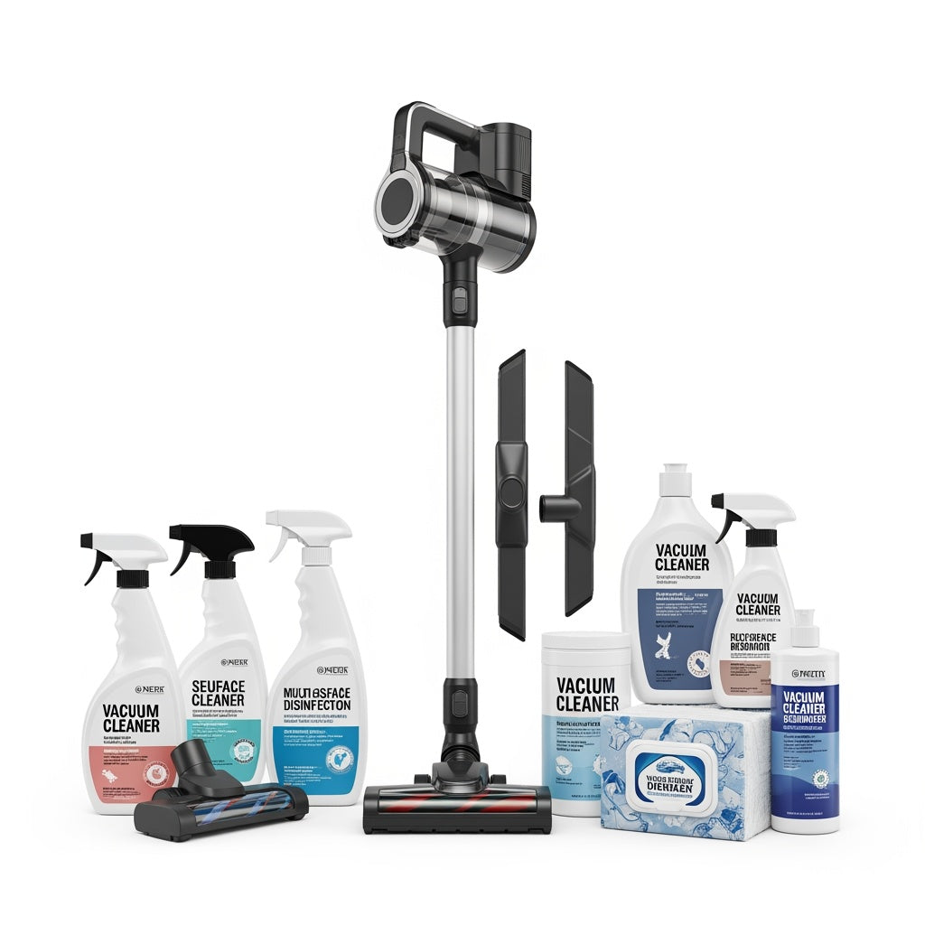 Cordless stick vacuum cleaner with floor head, wall mount, and vacuum cleaner solution bottles, wipes, and cleaner set