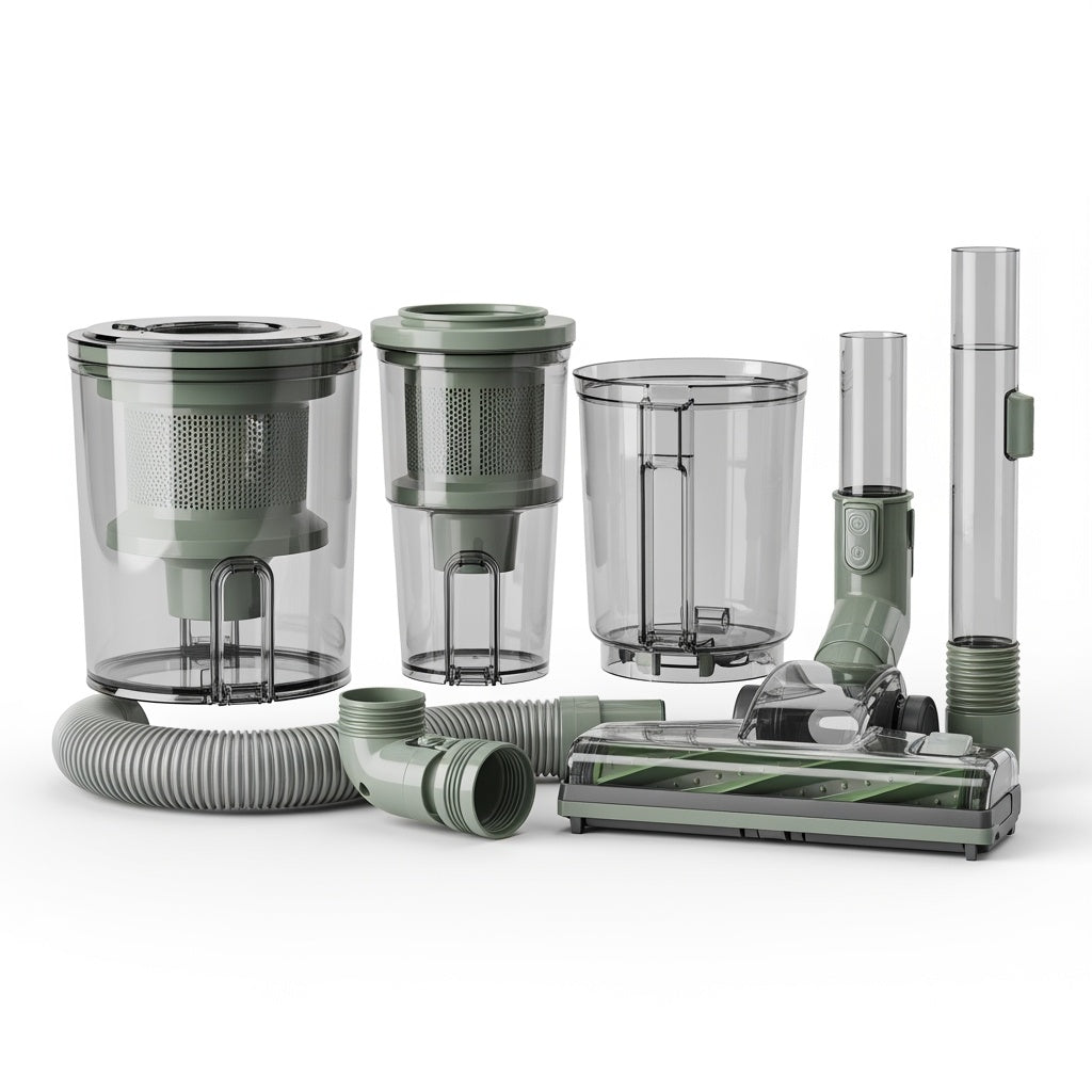 Vacuum cleaner accessory kit with dust canisters, filters, hose, extension wand and floor brush head on white background