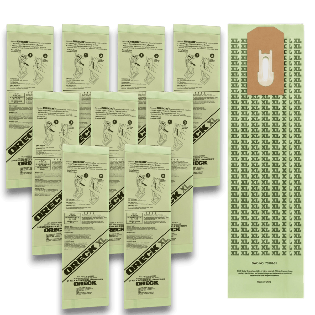 Oreck AK12109 Vacuum Bags for XL Upright Non-Docking Series - Genuine 9 Pack displayed in packaging.