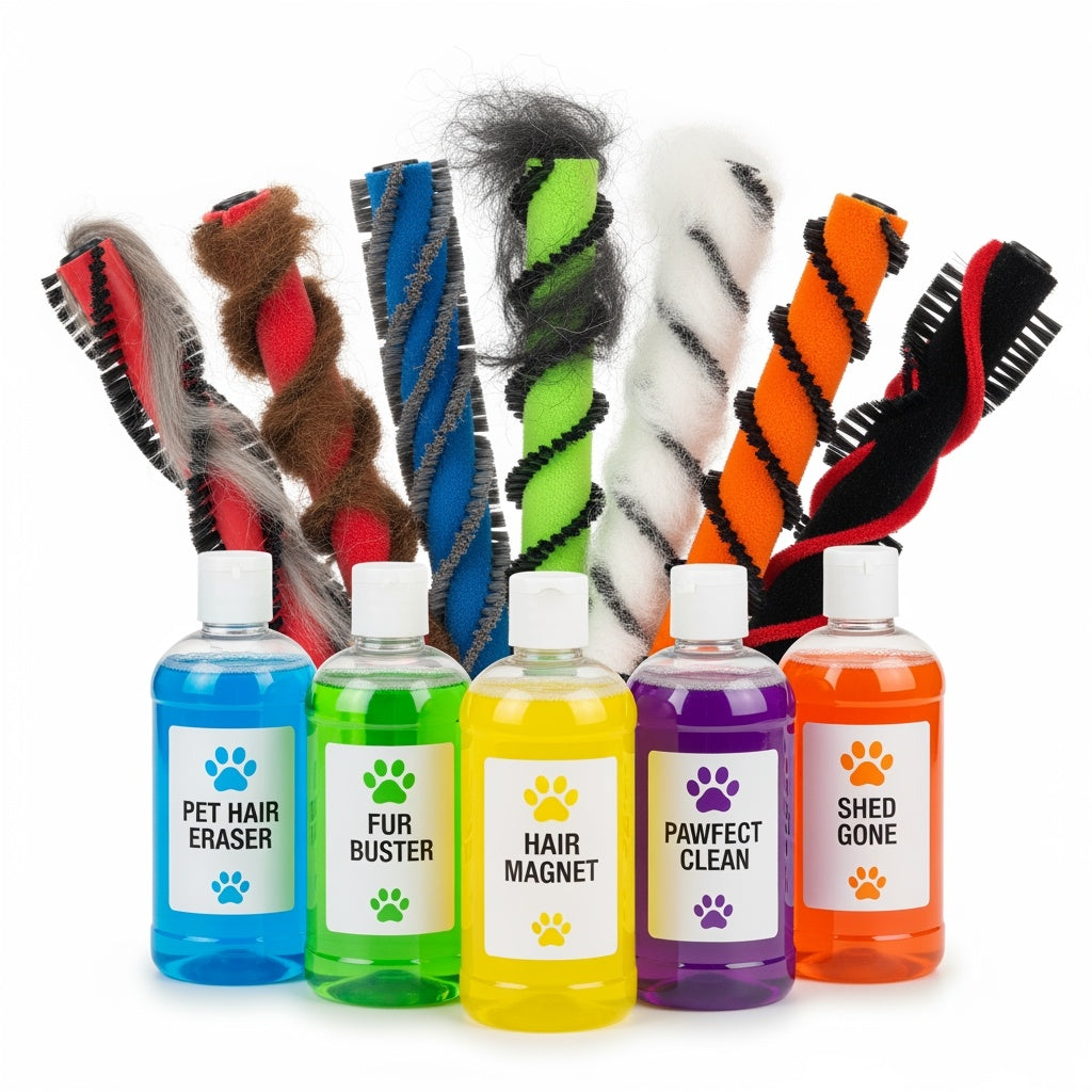 Pet hair remover kit with five cleaning solutions and reusable fur-erasing sticks for removing dog and cat hair from carpets and upholstery