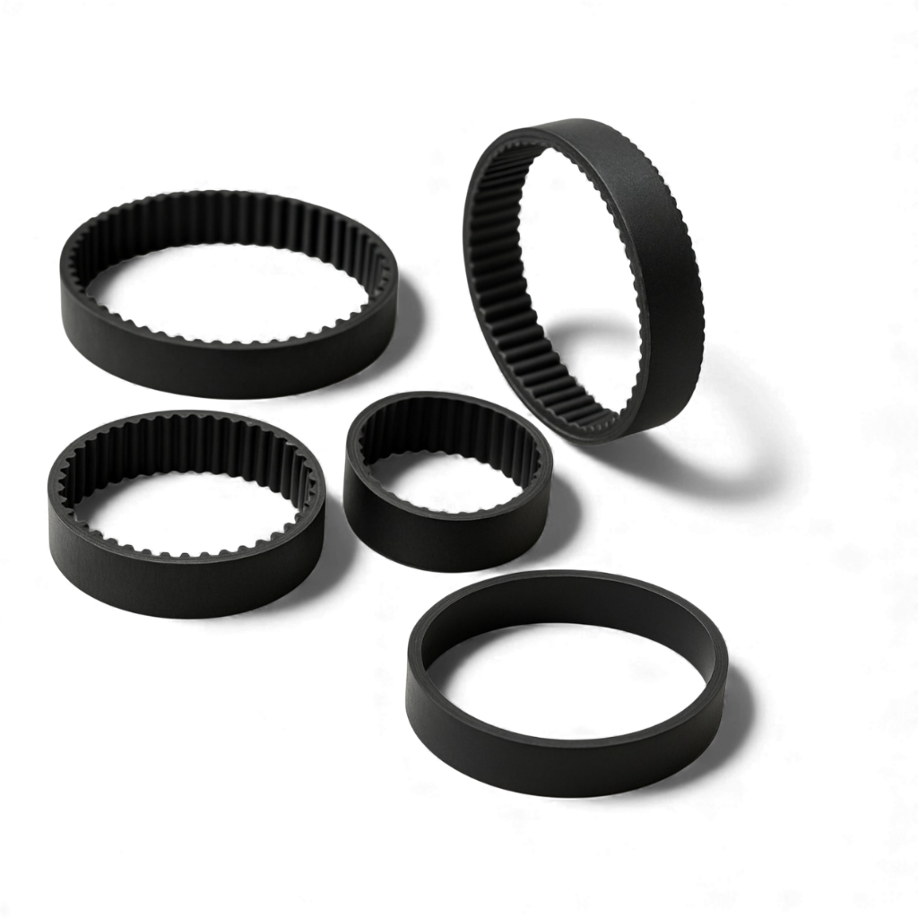 Set of black toothed drive belts and rubber rings for mechanical equipment on transparent background