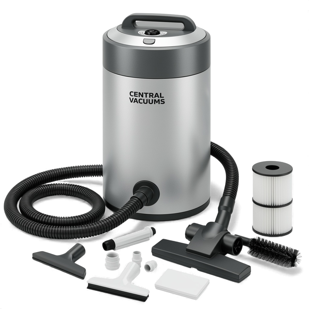 Central vacuums canister vacuum system with hose, floor brush, crevice tool, and replacement filter on white background